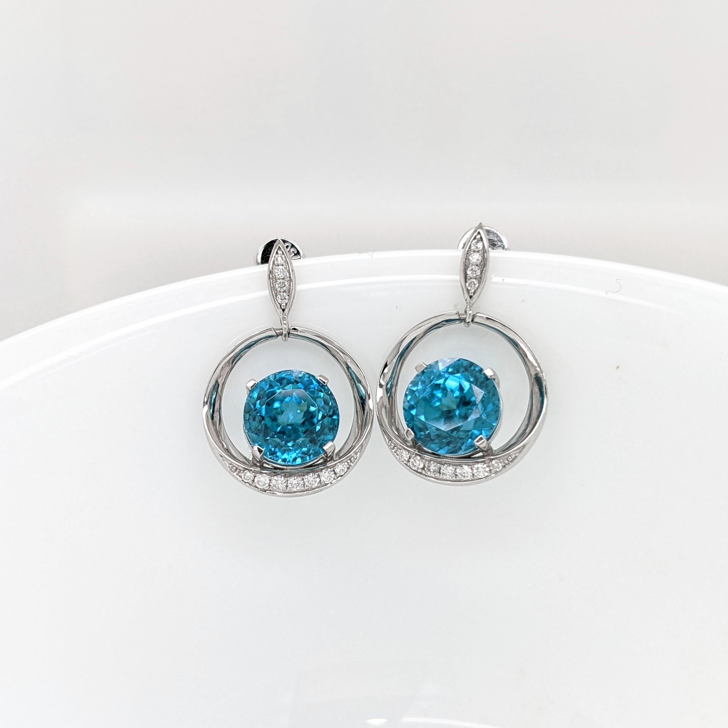 Blue Zircon Drop Earrings w Earth Mined Diamonds in Solid 14K Gold | Round 8.5mm