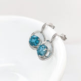 Blue Zircon Drop Earrings w Earth Mined Diamonds in Solid 14K Gold | Round 8.5mm