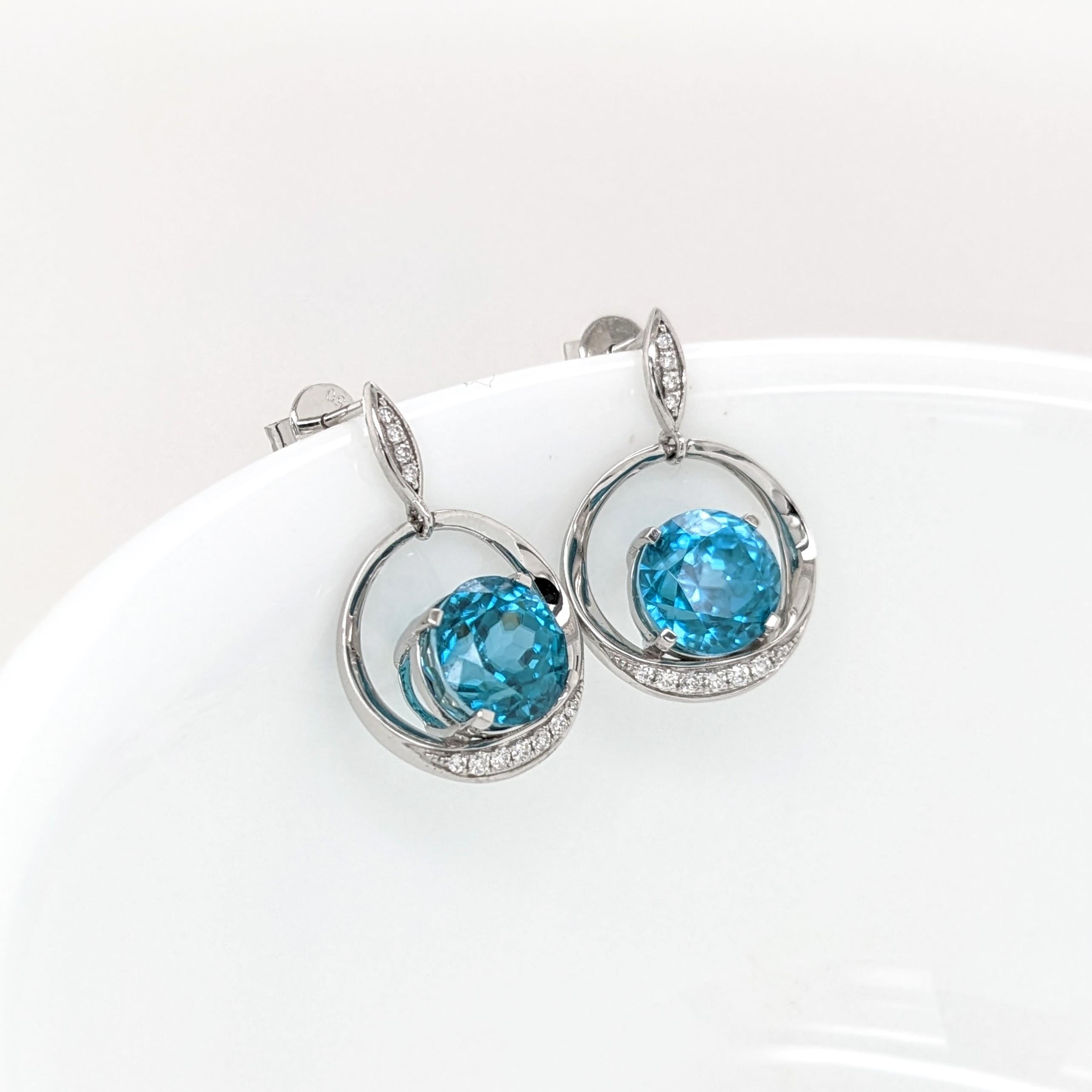 Blue Zircon Drop Earrings w Earth Mined Diamonds in Solid 14K Gold | Round 8.5mm