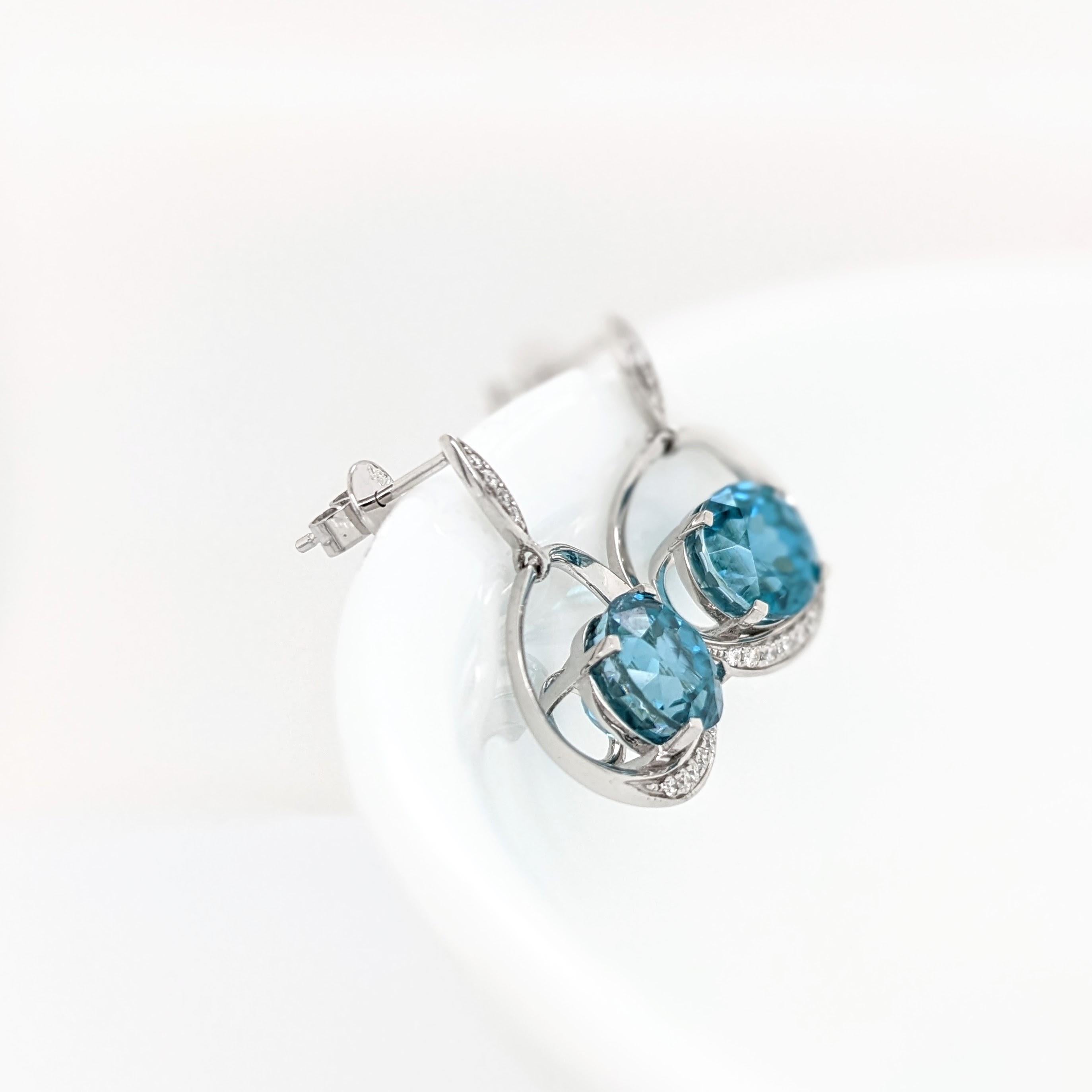 Blue Zircon Drop Earrings w Earth Mined Diamonds in Solid 14K Gold | Round 8.5mm