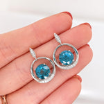 Blue Zircon Drop Earrings w Earth Mined Diamonds in Solid 14K Gold | Round 8.5mm