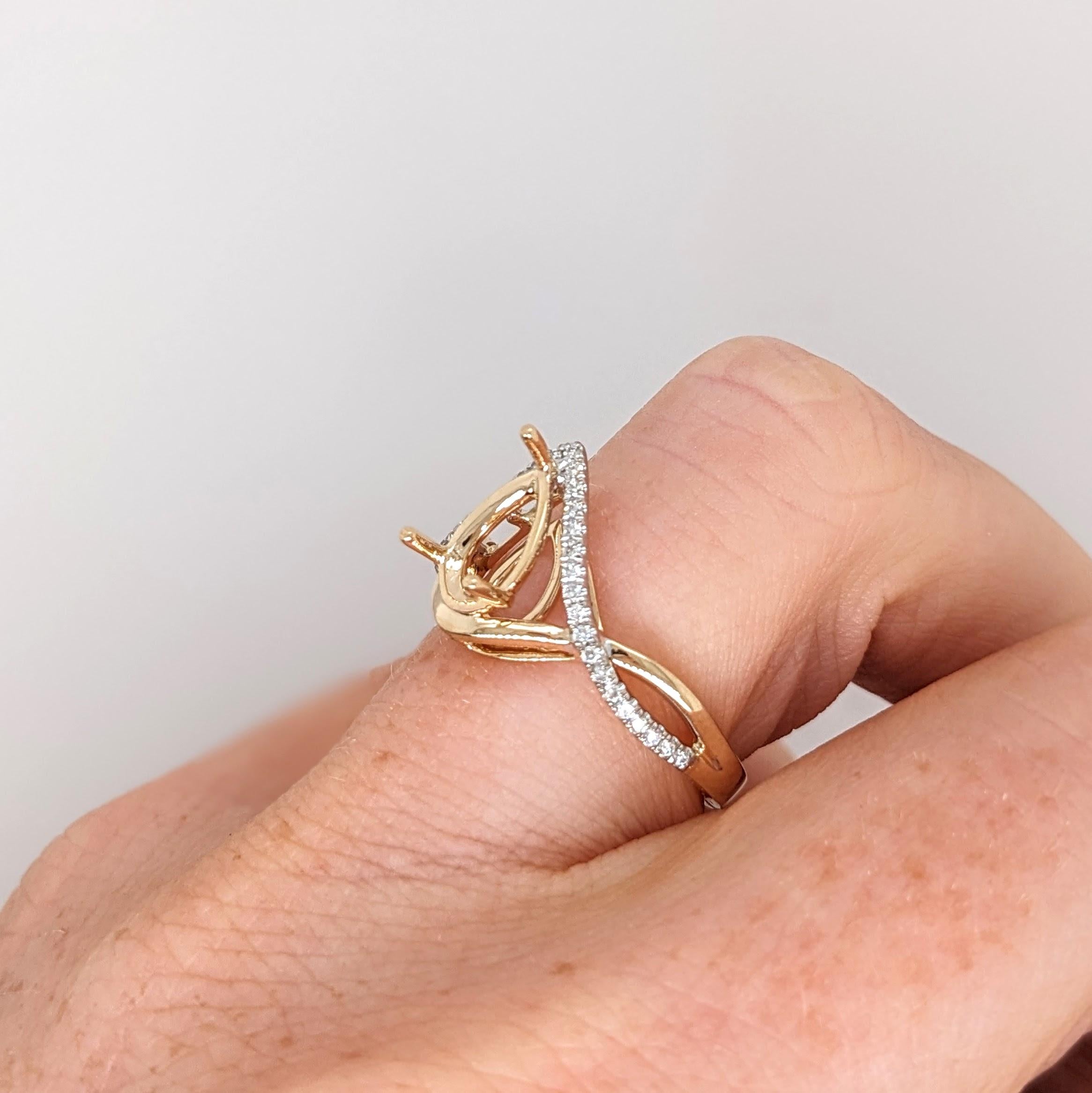 Ring Semi Mount w Earth Mined Diamonds in Solid 14K Gold | Pear Shape 9x6mm