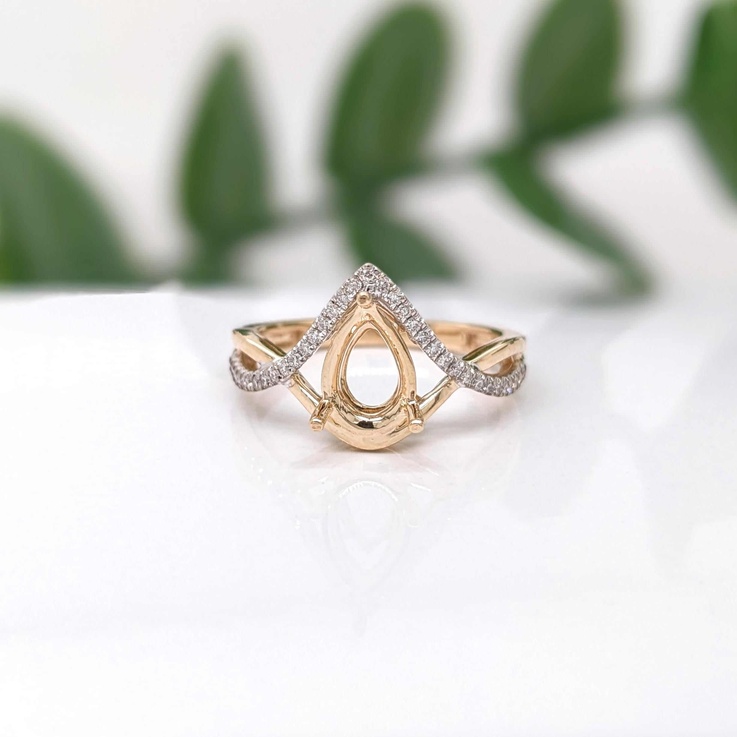 Ring Semi Mount w Earth Mined Diamonds in Solid 14K Gold | Pear Shape 9x6mm