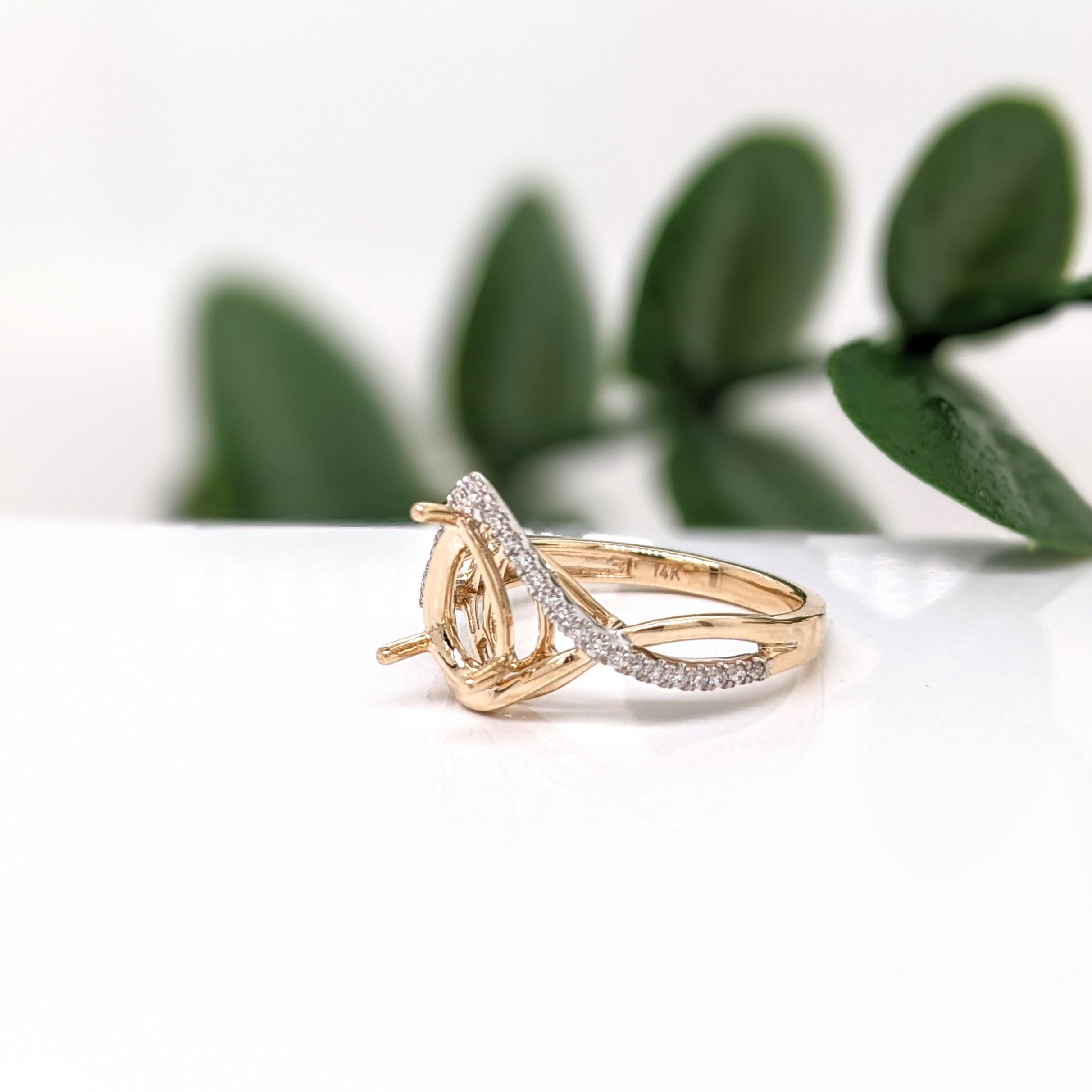 Ring Semi Mount w Earth Mined Diamonds in Solid 14K Gold | Pear Shape 9x6mm