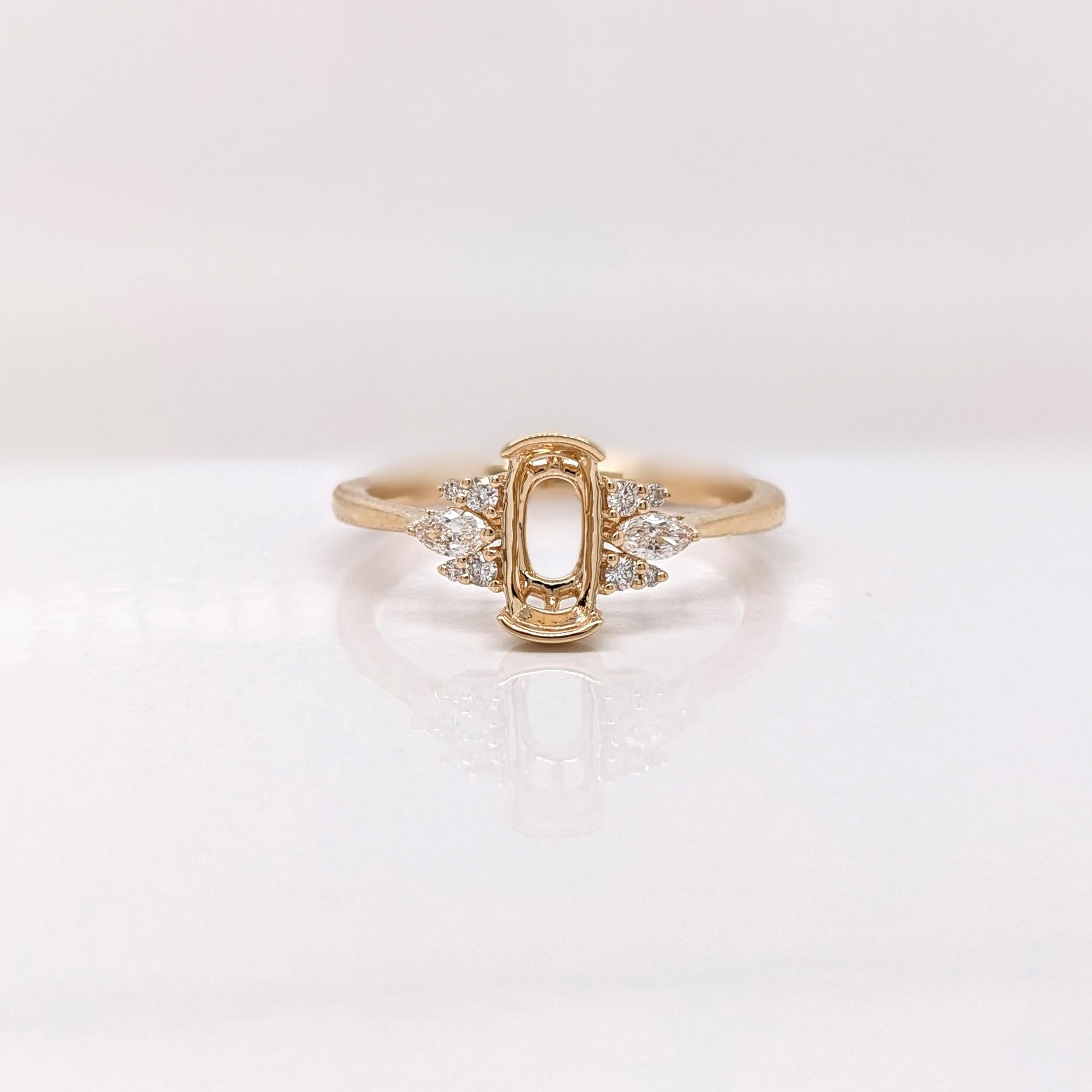 Ring Semi Mount w Earth Mined Diamonds in Solid 14K Gold | Oval 8x4mm