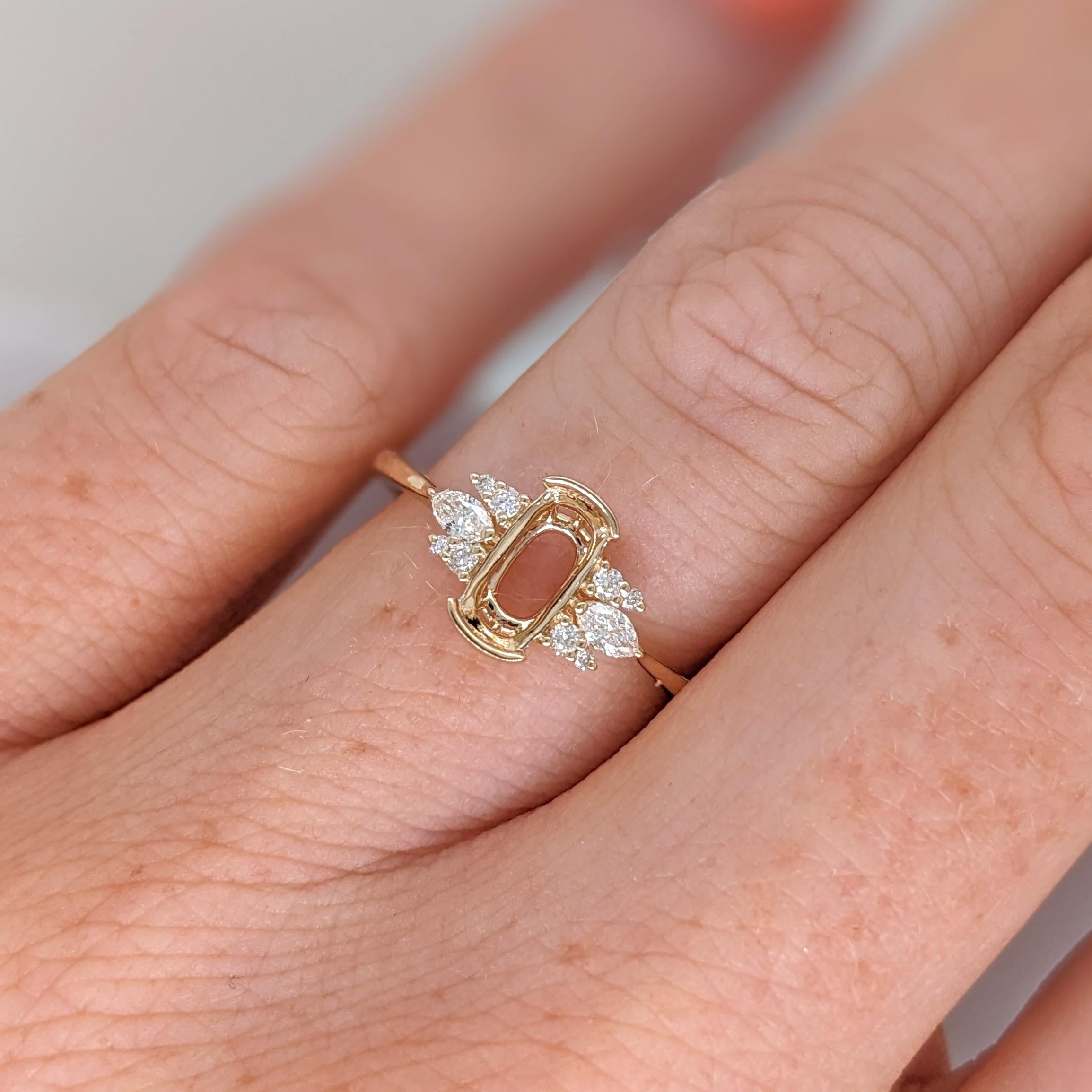 Ring Semi Mount w Earth Mined Diamonds in Solid 14K Gold | Oval 8x4mm