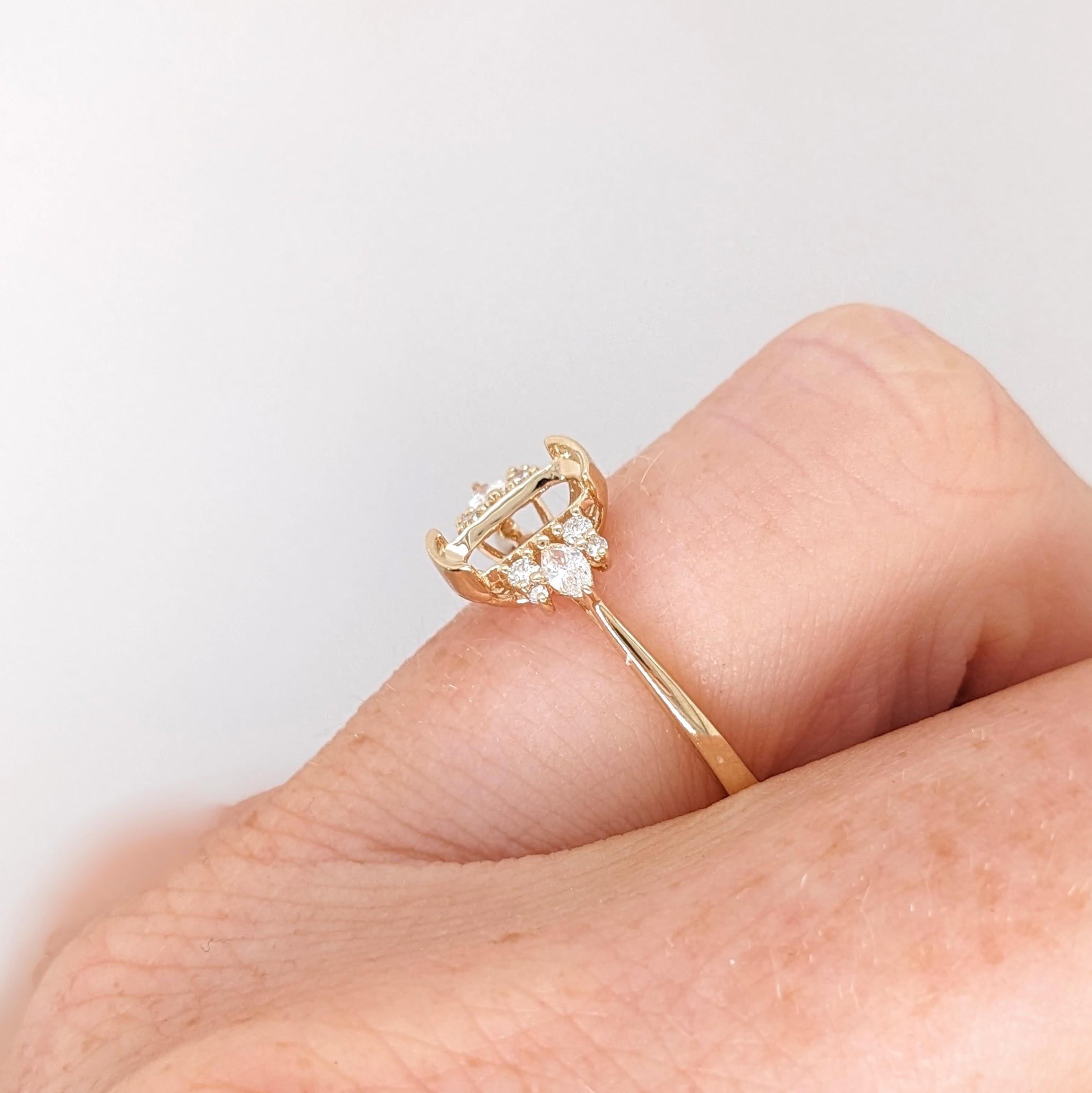 Ring Semi Mount w Earth Mined Diamonds in Solid 14K Gold | Oval 8x4mm