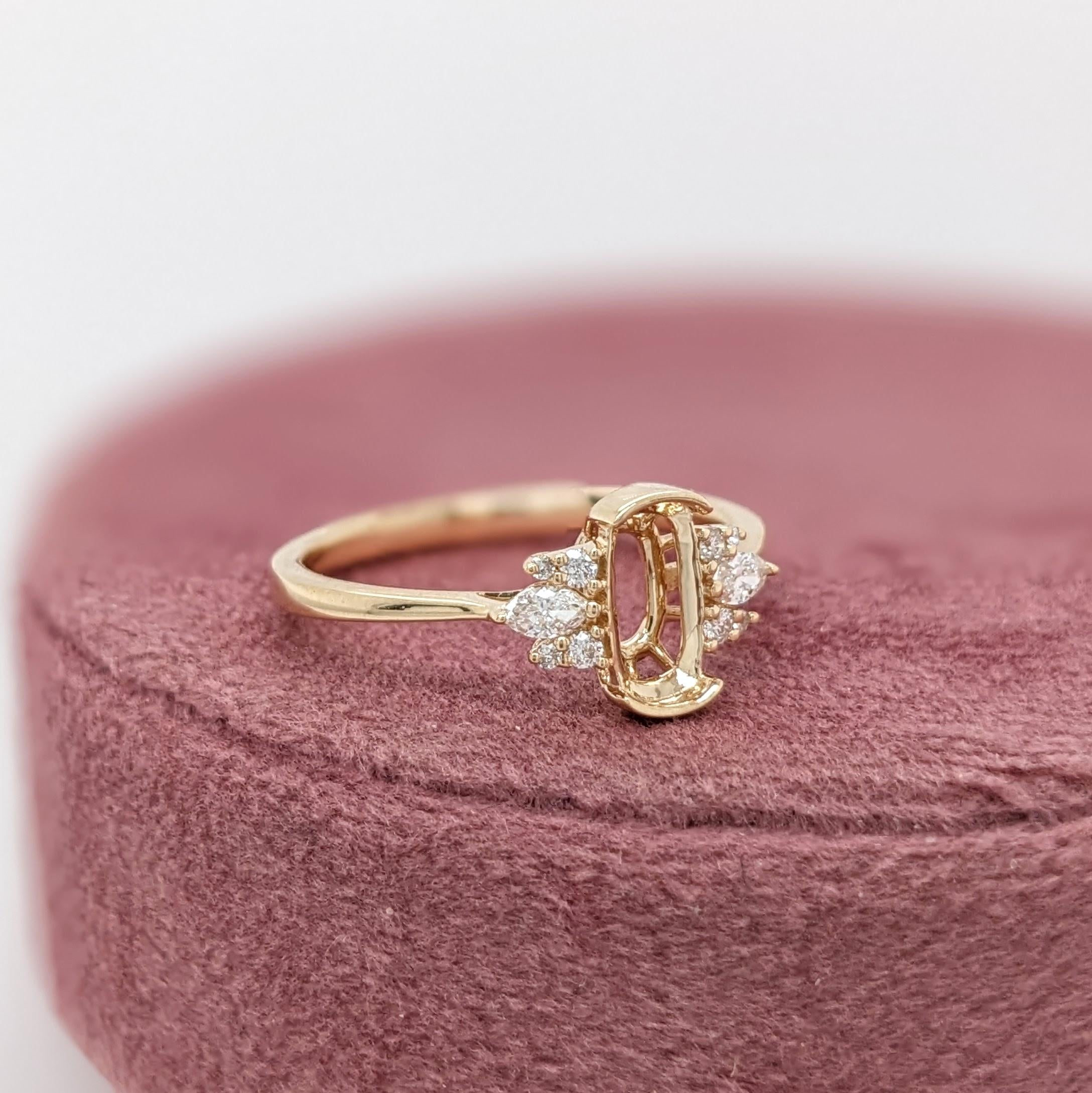 Ring Semi Mount w Earth Mined Diamonds in Solid 14K Gold | Oval 8x4mm