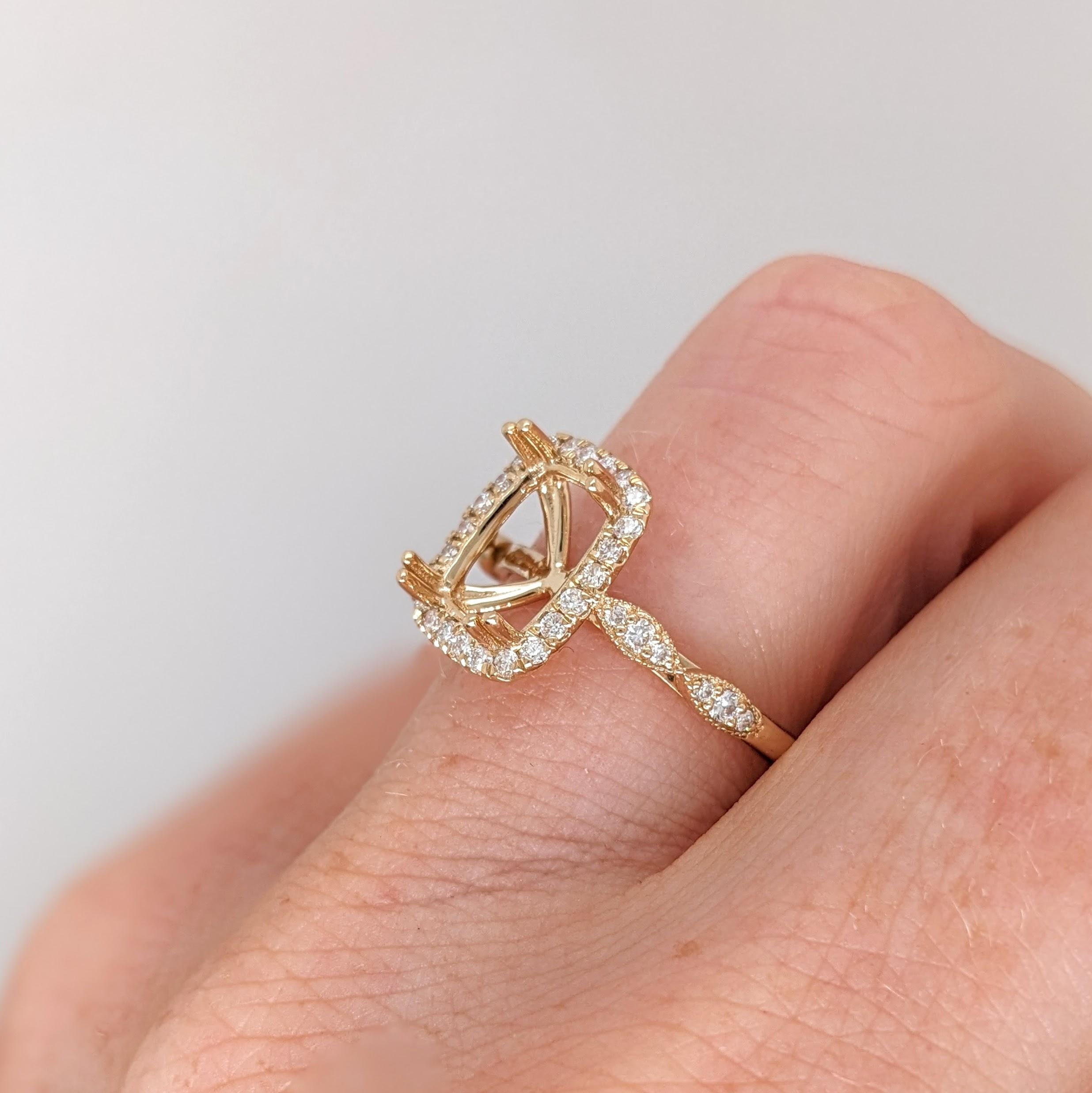 Ring Semi Mount w Earth Mined Diamonds in Solid 14K Gold | Cushion Cut 9x7mm