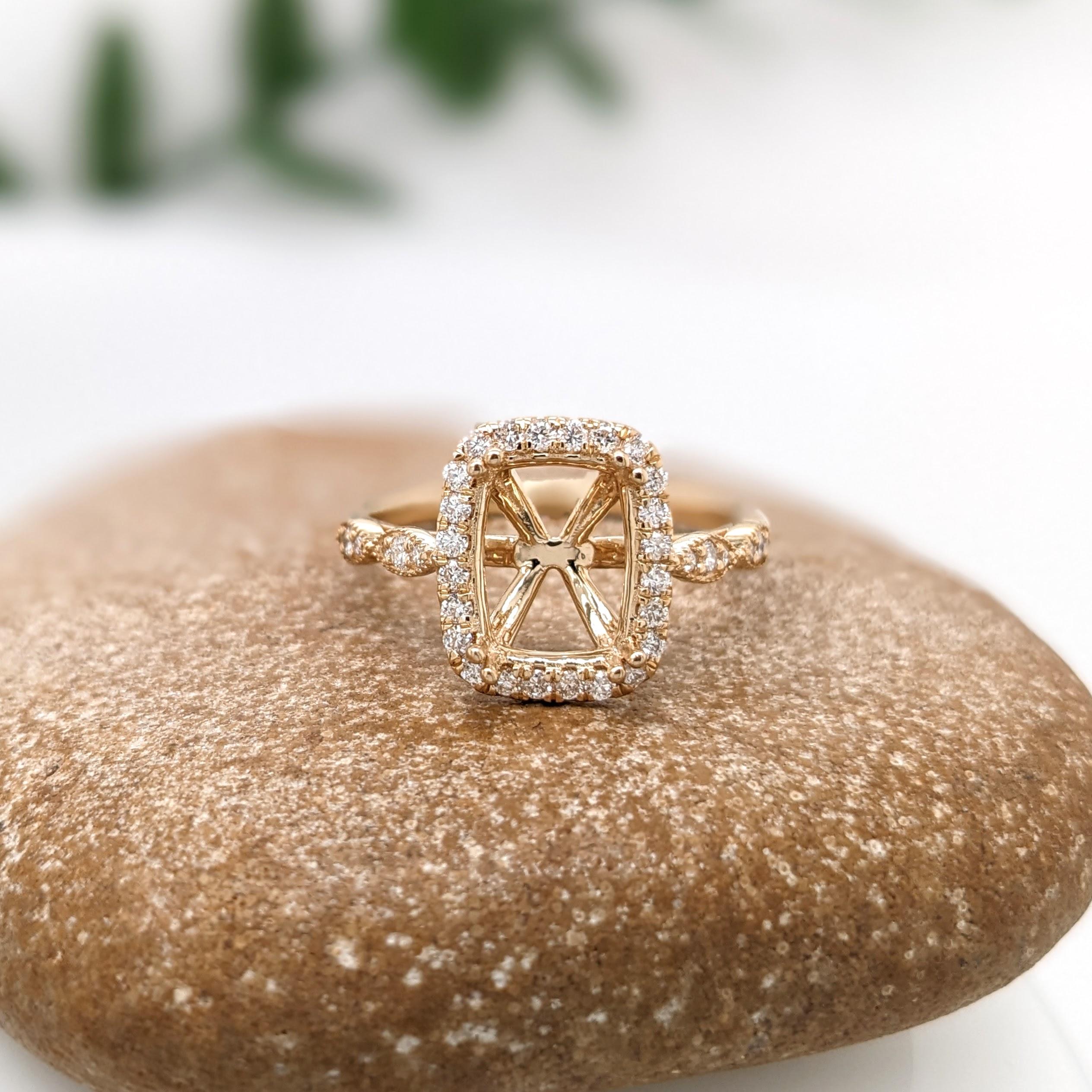Ring Semi Mount w Earth Mined Diamonds in Solid 14K Gold | Cushion Cut 9x7mm