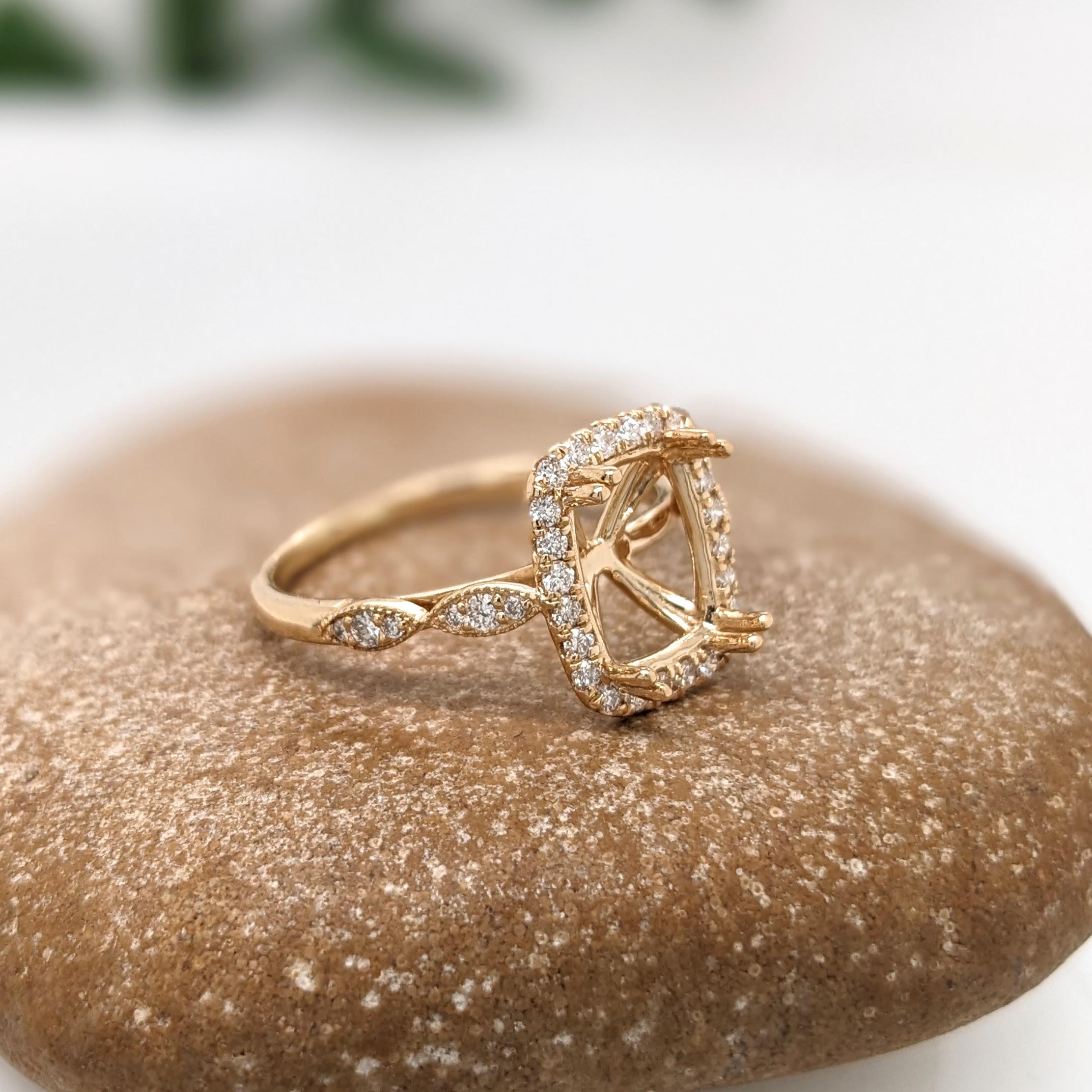 Ring Semi Mount w Earth Mined Diamonds in Solid 14K Gold | Cushion Cut 9x7mm