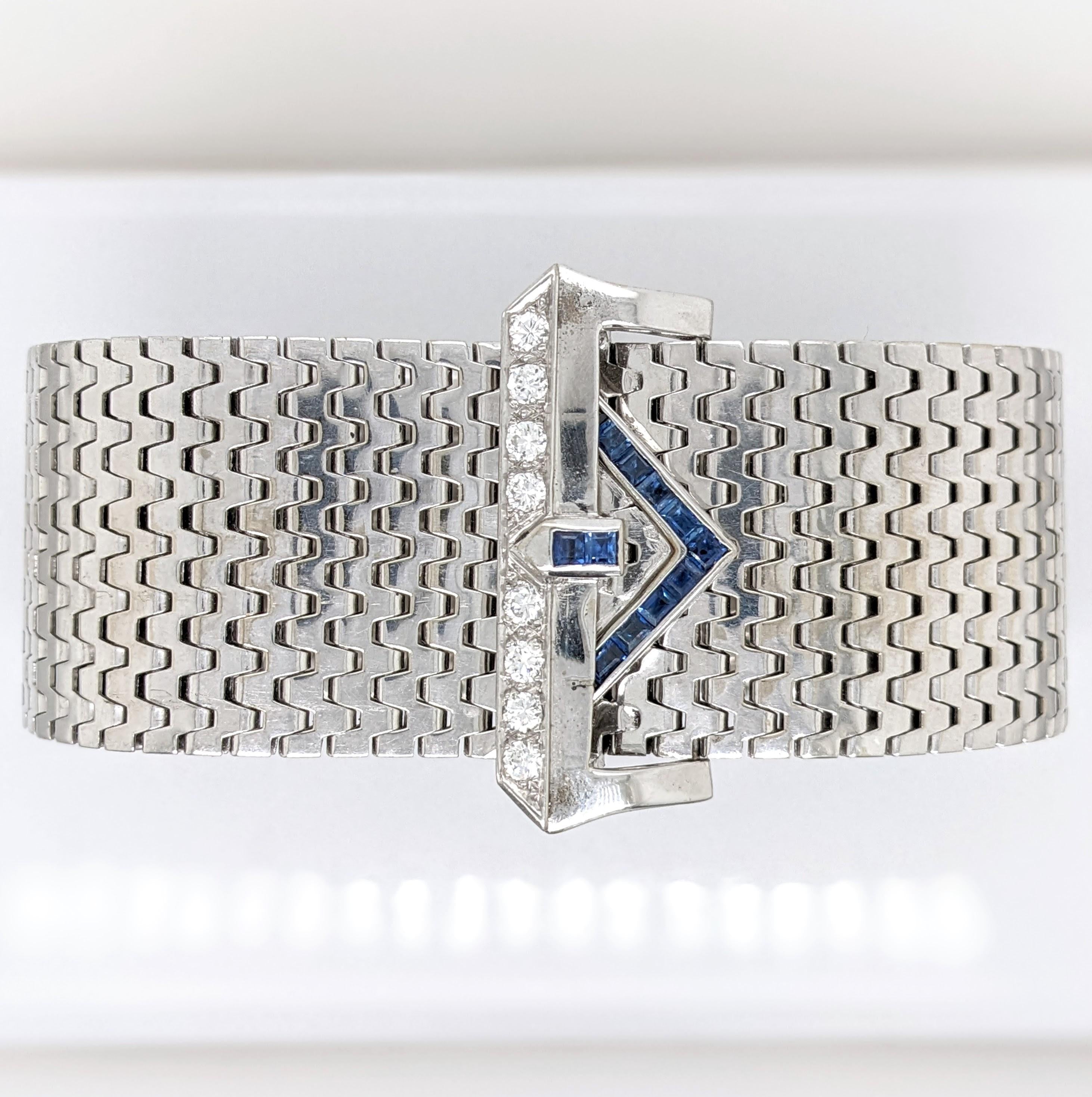 Blue Sapphire Estate Bracelet w Earth Mined Diamonds in Solid 18K White Gold