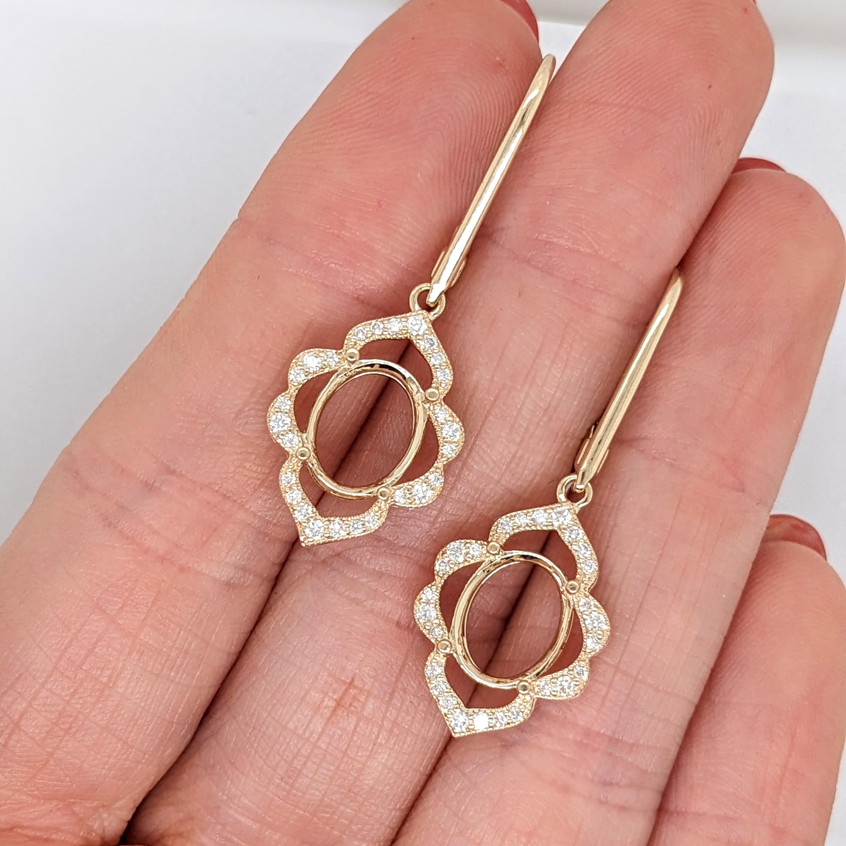 Earrings Semi Mount w Earth Mined Diamonds in Solid 14K Gold | Oval 10x8mm