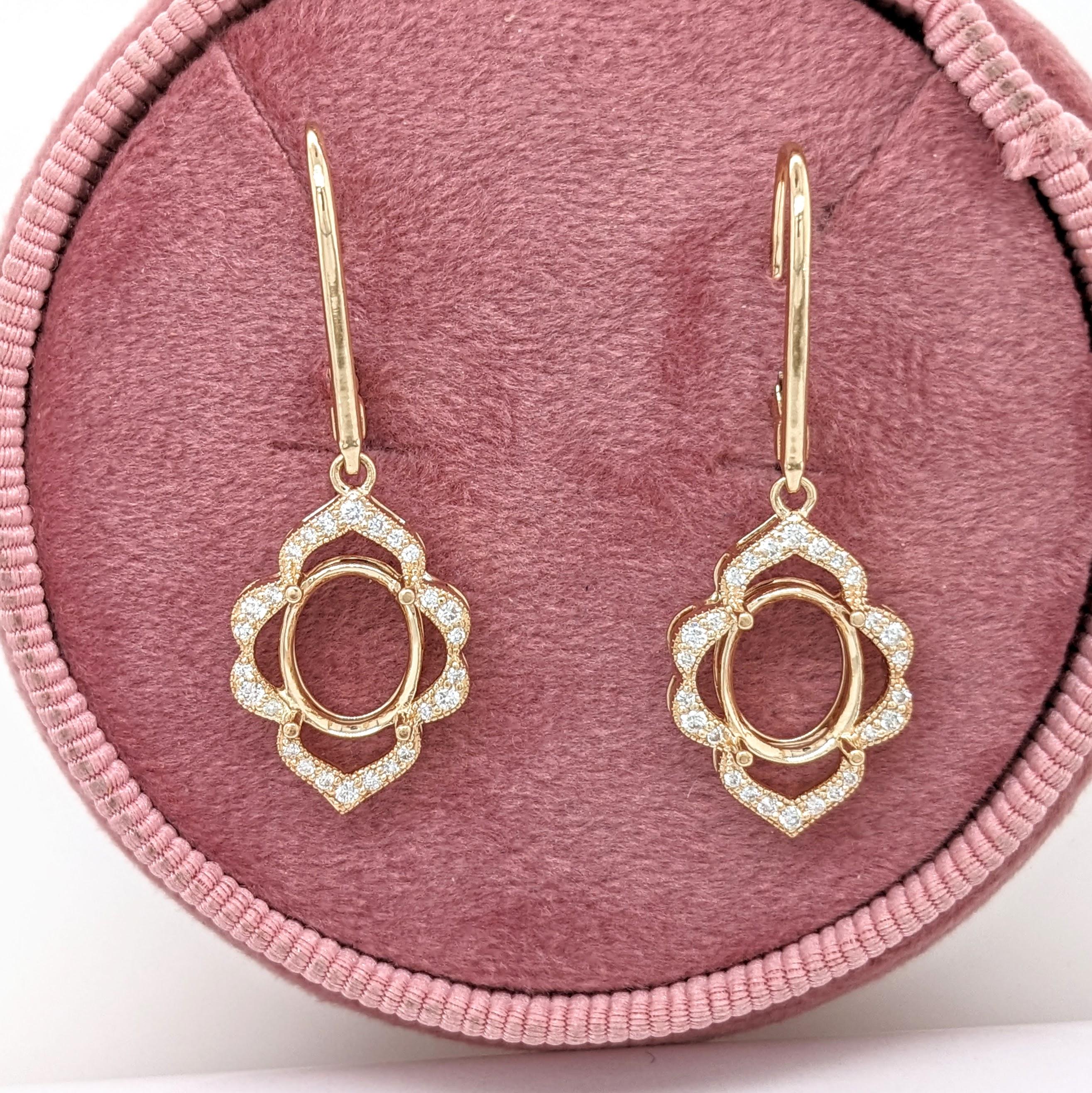 Earrings Semi Mount w Earth Mined Diamonds in Solid 14K Gold | Oval 10x8mm