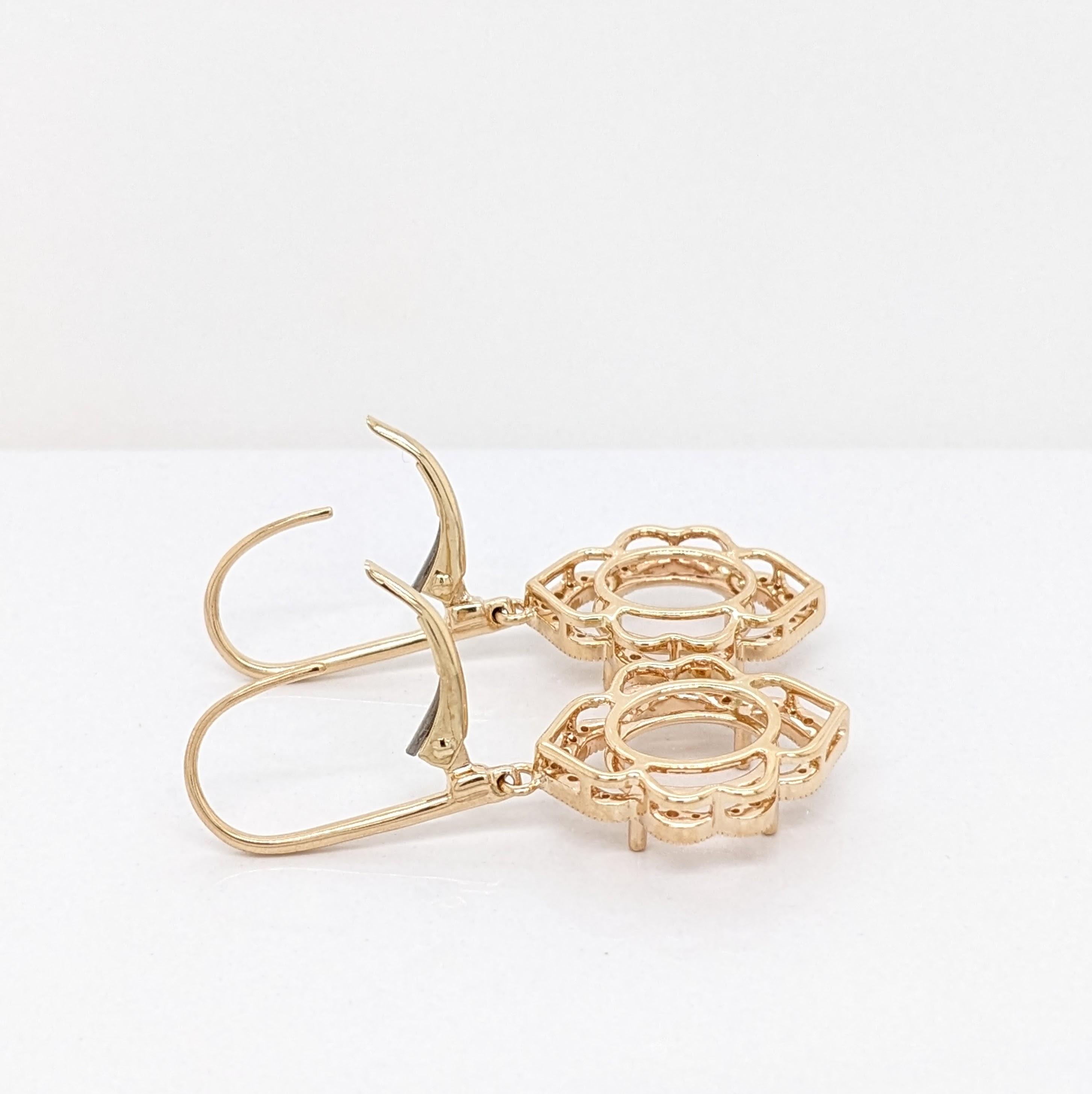 Earrings Semi Mount w Earth Mined Diamonds in Solid 14K Gold | Oval 10x8mm