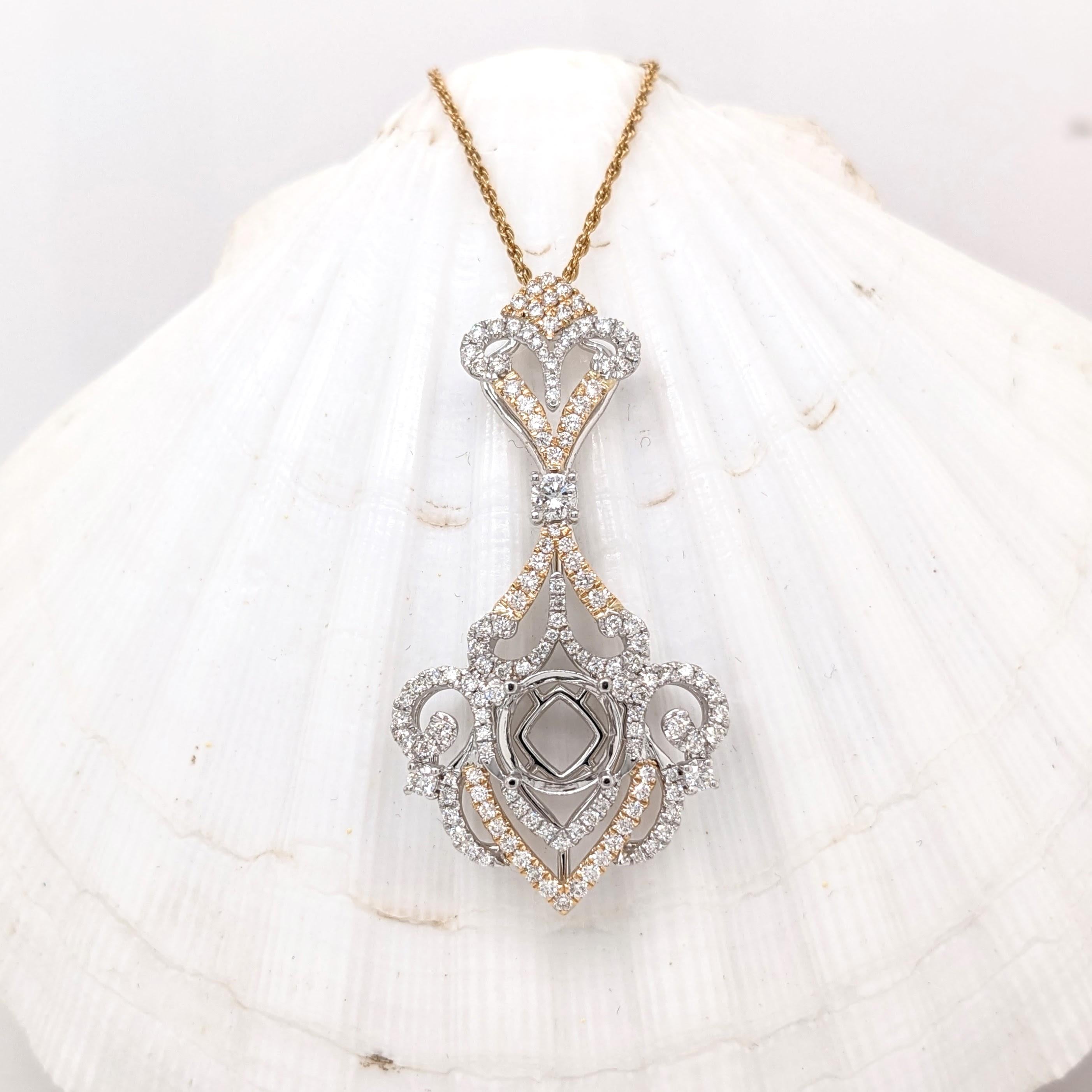 Pendant Semi Mount w Earth Mined Diamonds in Solid 14K Gold | Round 8.6mm