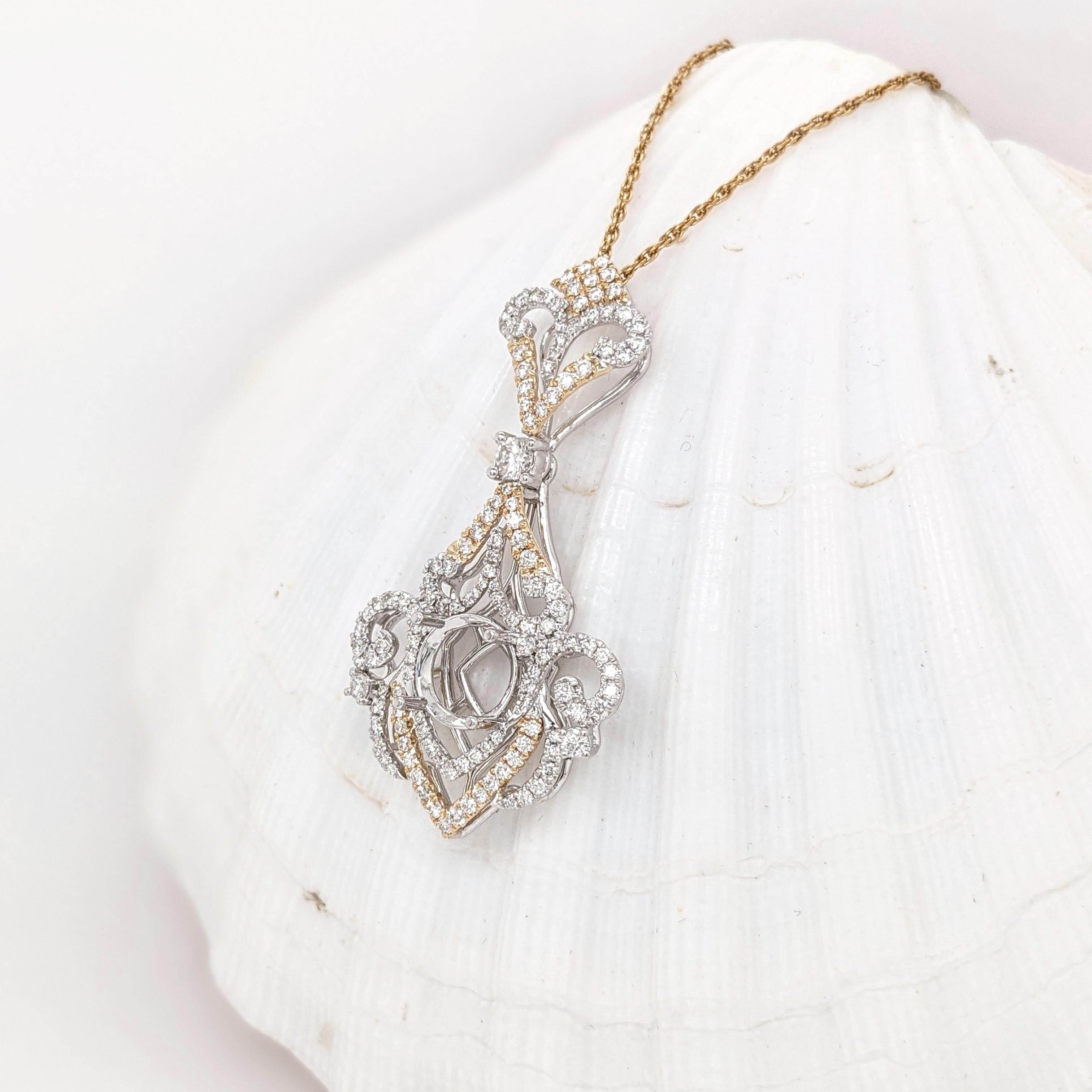 Pendant Semi Mount w Earth Mined Diamonds in Solid 14K Gold | Round 8.6mm