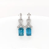 Blue Zircon Earrings w Earth Mined Diamonds in Solid 14K Gold | Emerald Cut 10.5x6.5mm | Drop Earrings | December Birthstone