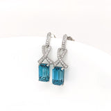 Blue Zircon Earrings w Earth Mined Diamonds in Solid 14K Gold | Emerald Cut 10.5x6.5mm | Drop Earrings | December Birthstone