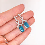 Blue Zircon Earrings w Earth Mined Diamonds in Solid 14K Gold | Emerald Cut 10.5x6.5mm | Drop Earrings | December Birthstone