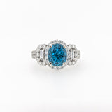 4.1ct Blue Zircon Ring w Earth Mined Diamonds in Solid 14K Gold | Oval 8x6mm