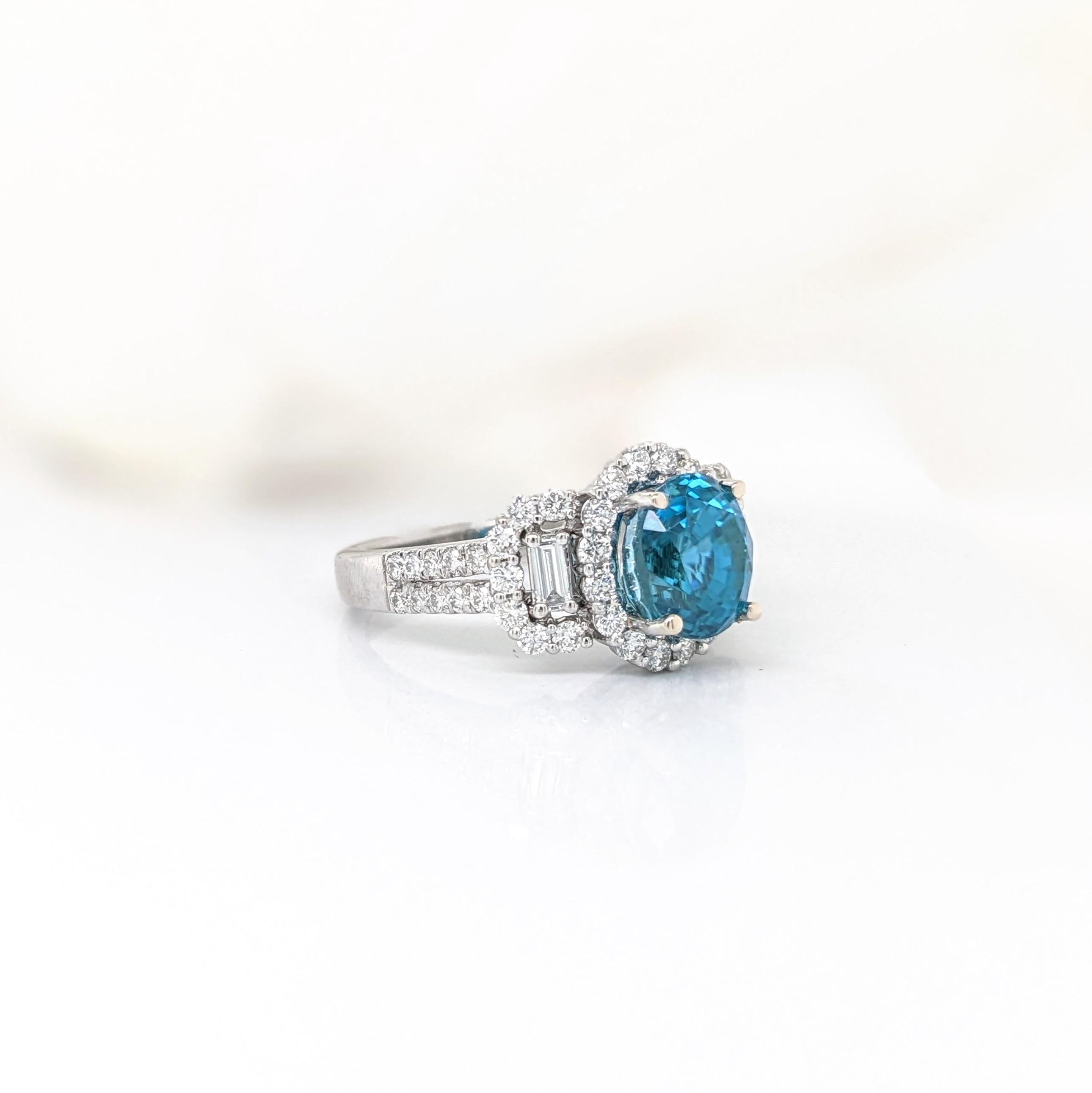 4.1ct Blue Zircon Ring w Earth Mined Diamonds in Solid 14K Gold | Oval 8x6mm