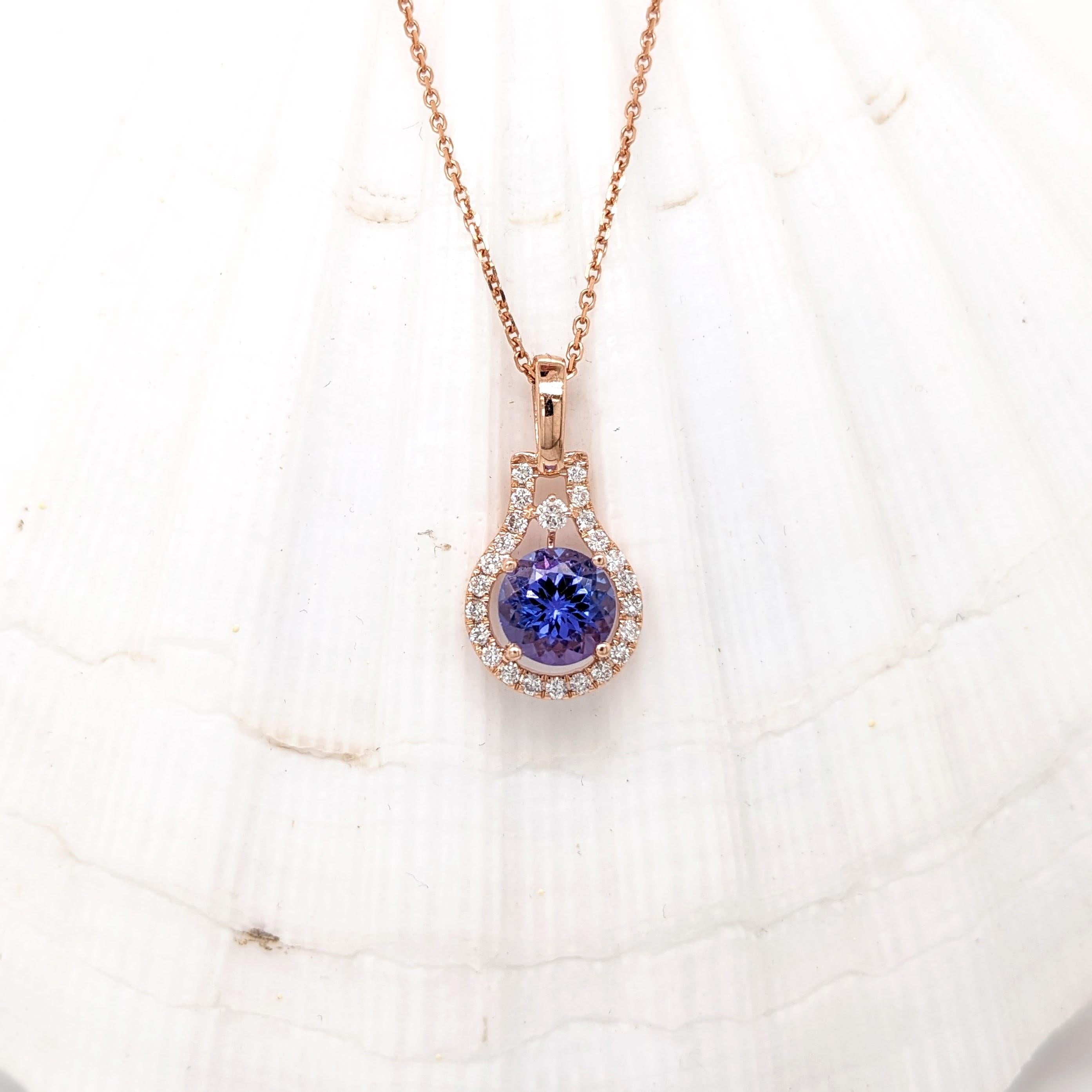 1ct Tanzanite Pendant w Earth Mined Diamonds in Solid 14K Rose Gold | Round 6mm