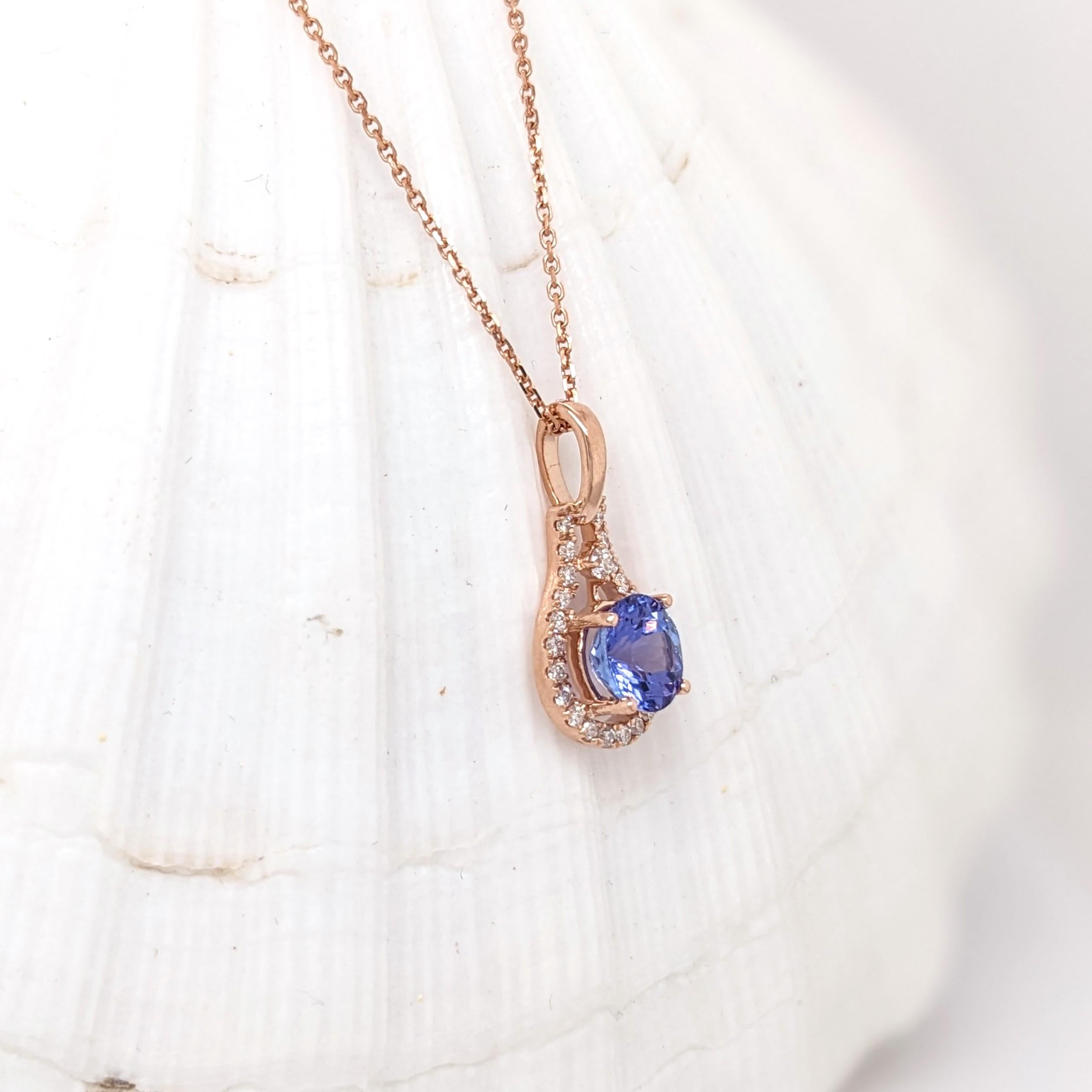 1ct Tanzanite Pendant w Earth Mined Diamonds in Solid 14K Rose Gold | Round 6mm