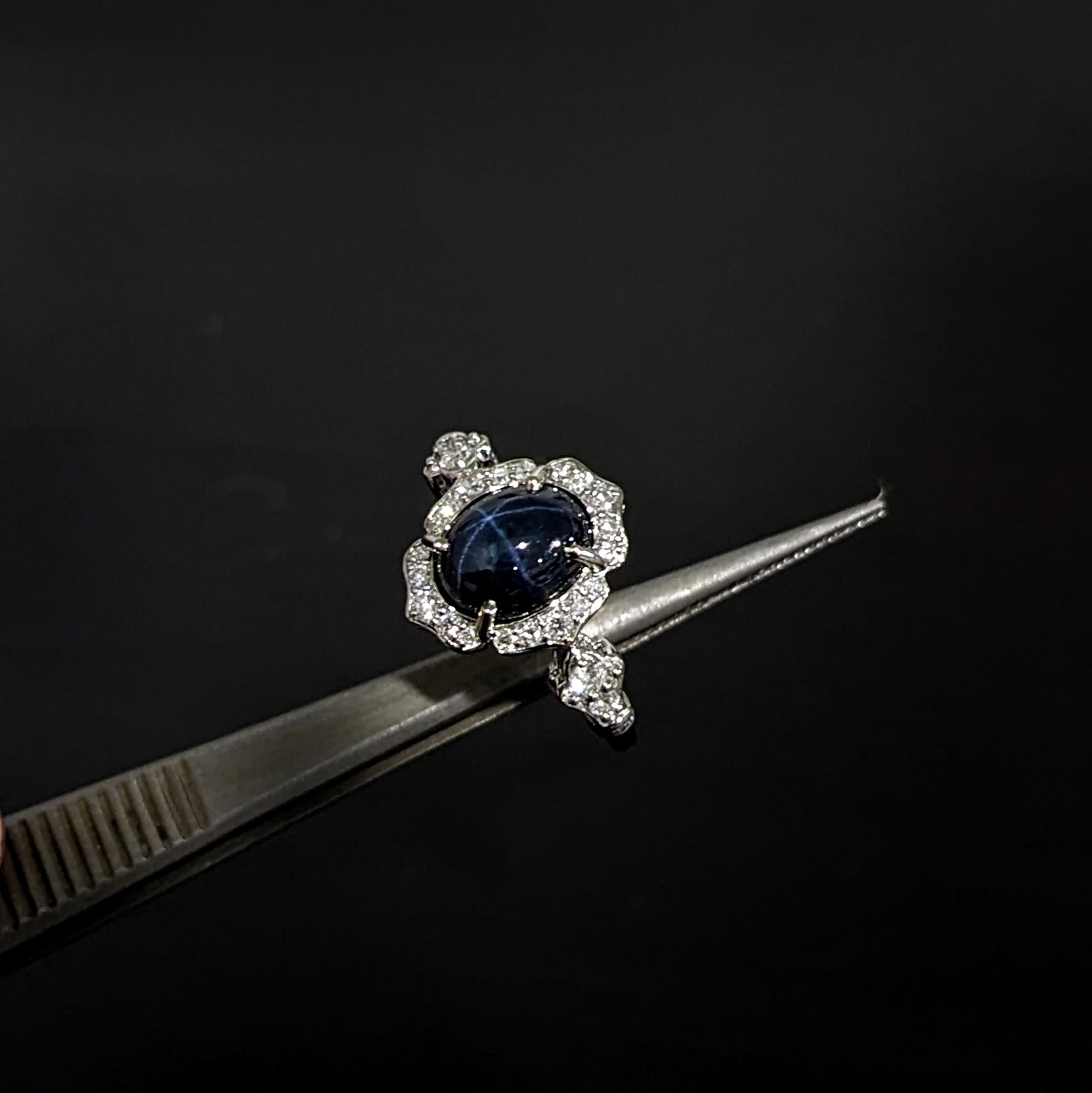 3.5ct Star Sapphire Ring w Earth Mined Diamonds Diamonds in Solid 14K White Gold