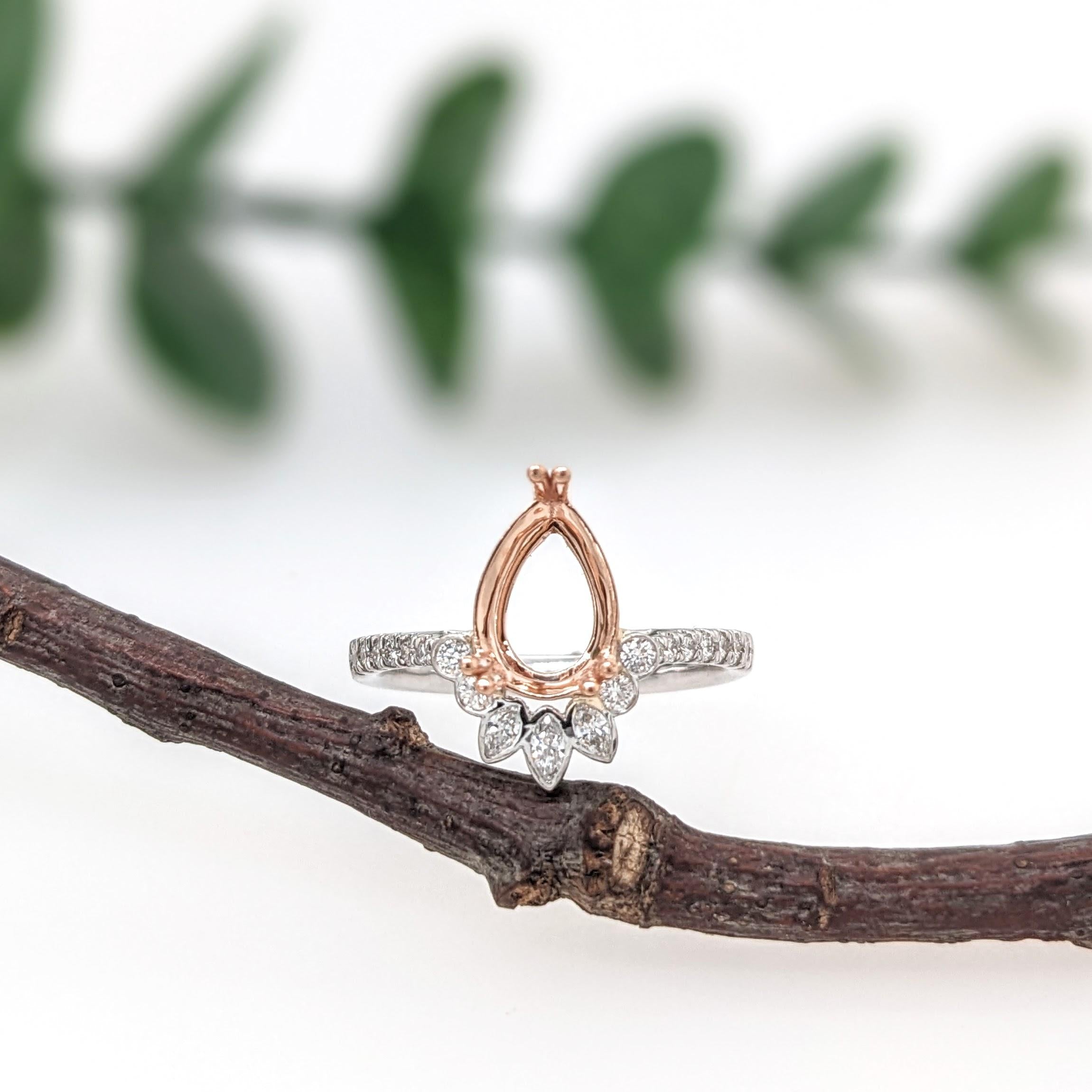 Ring Semi Mount w Earth Mined Diamonds in Solid 14K Gold | Pear Shape 10x6.5mm