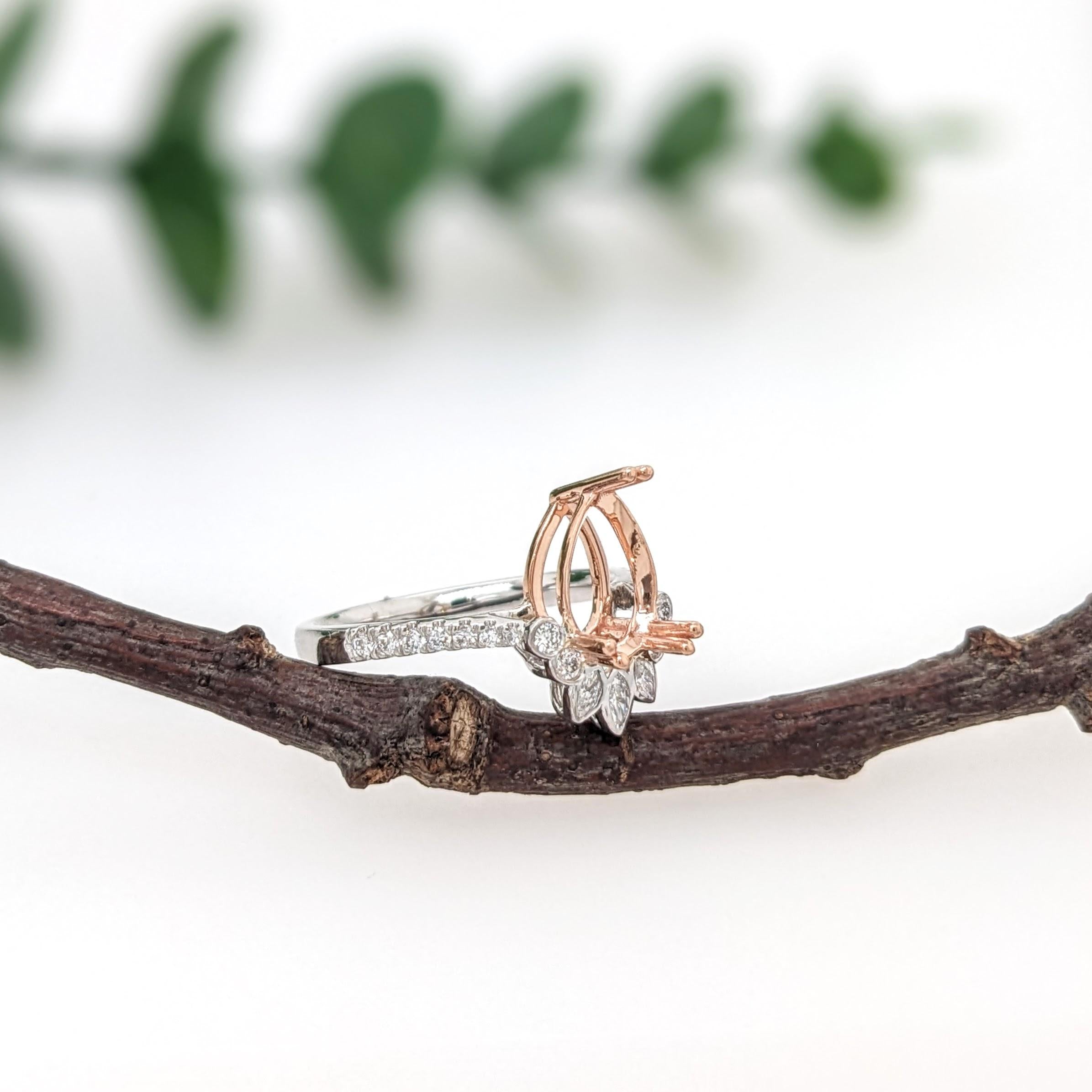Ring Semi Mount w Earth Mined Diamonds in Solid 14K Gold | Pear Shape 10x6.5mm