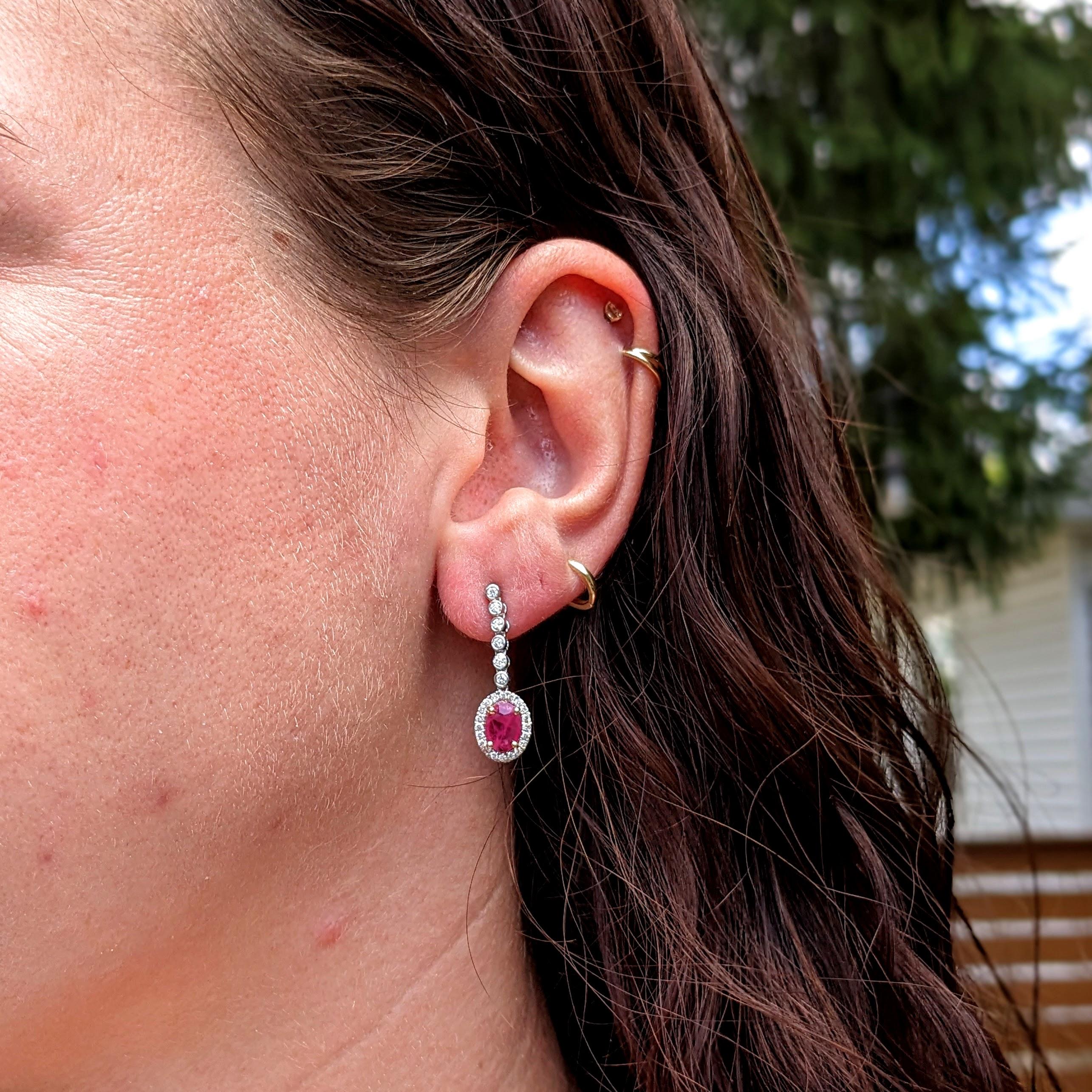 Beautiful Ruby Dangle Earrings w Earth Mined Diamonds in Solid 14K Gold Oval 7x5