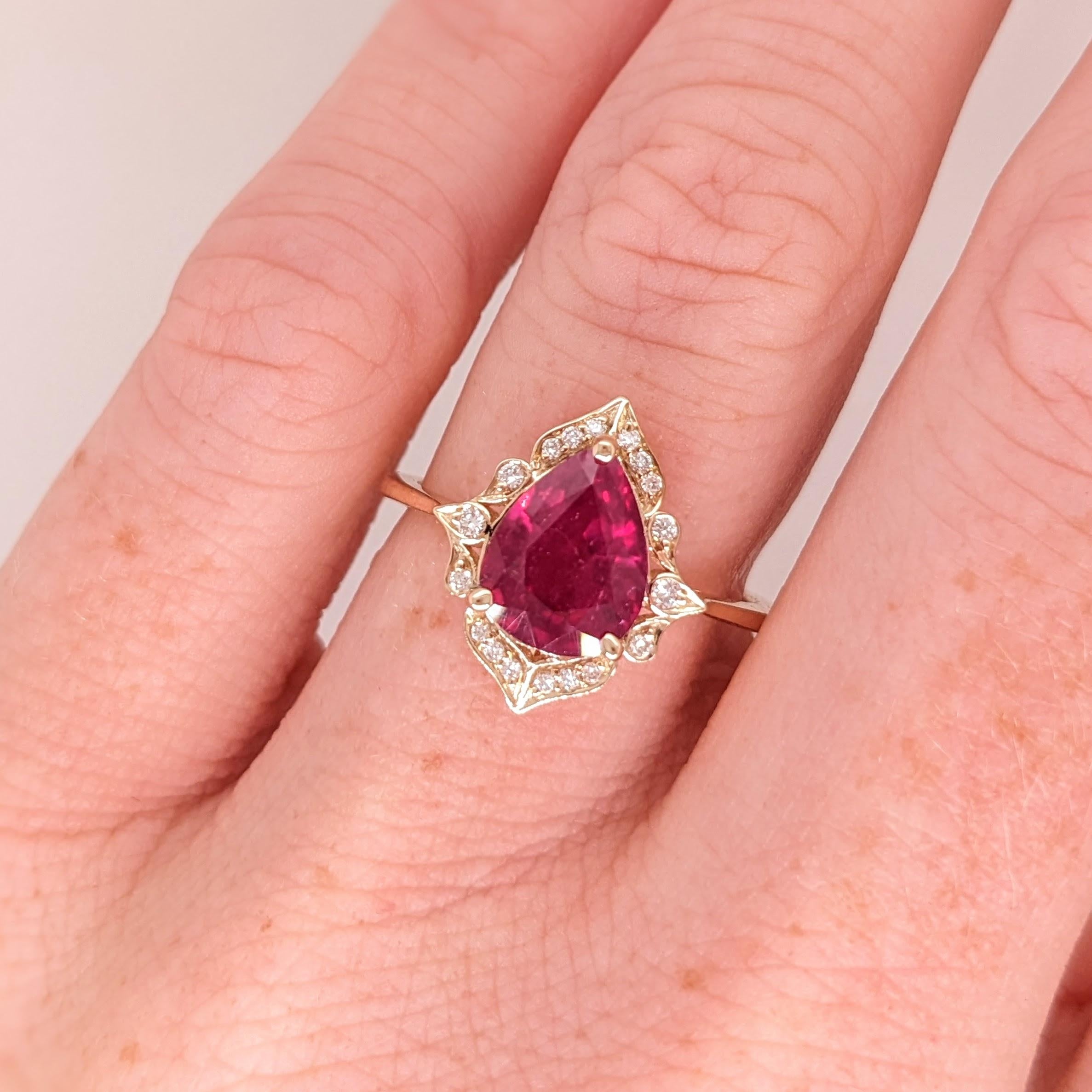 2.1ct Red Ruby Ring w Earth Mined Diamonds in Solid 14k Yellow Gold | Pear 9x7mm