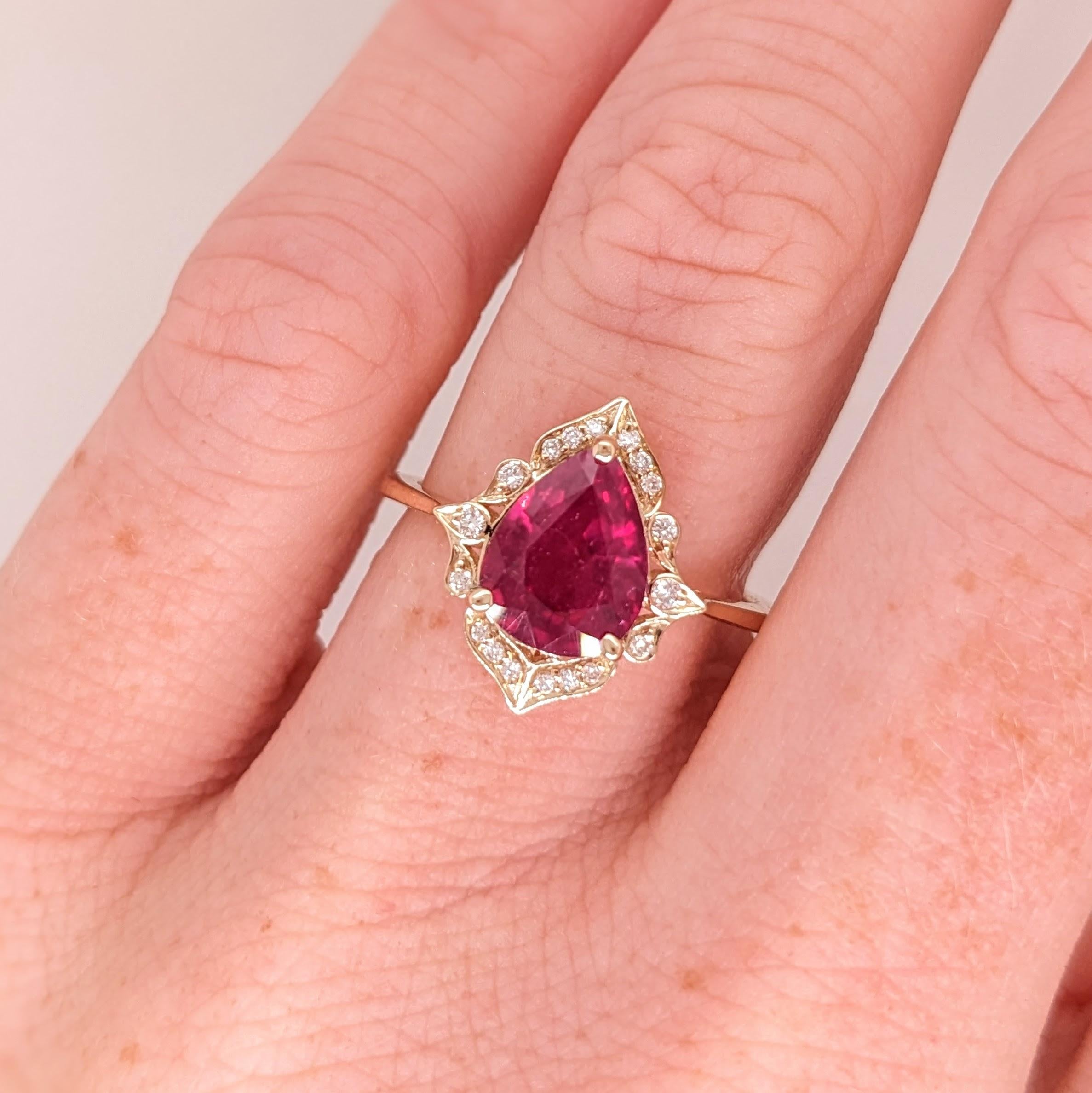 2.1ct Red Ruby Ring w Earth Mined Diamonds in Solid 14k Gold | Pear Shape 9x7mm