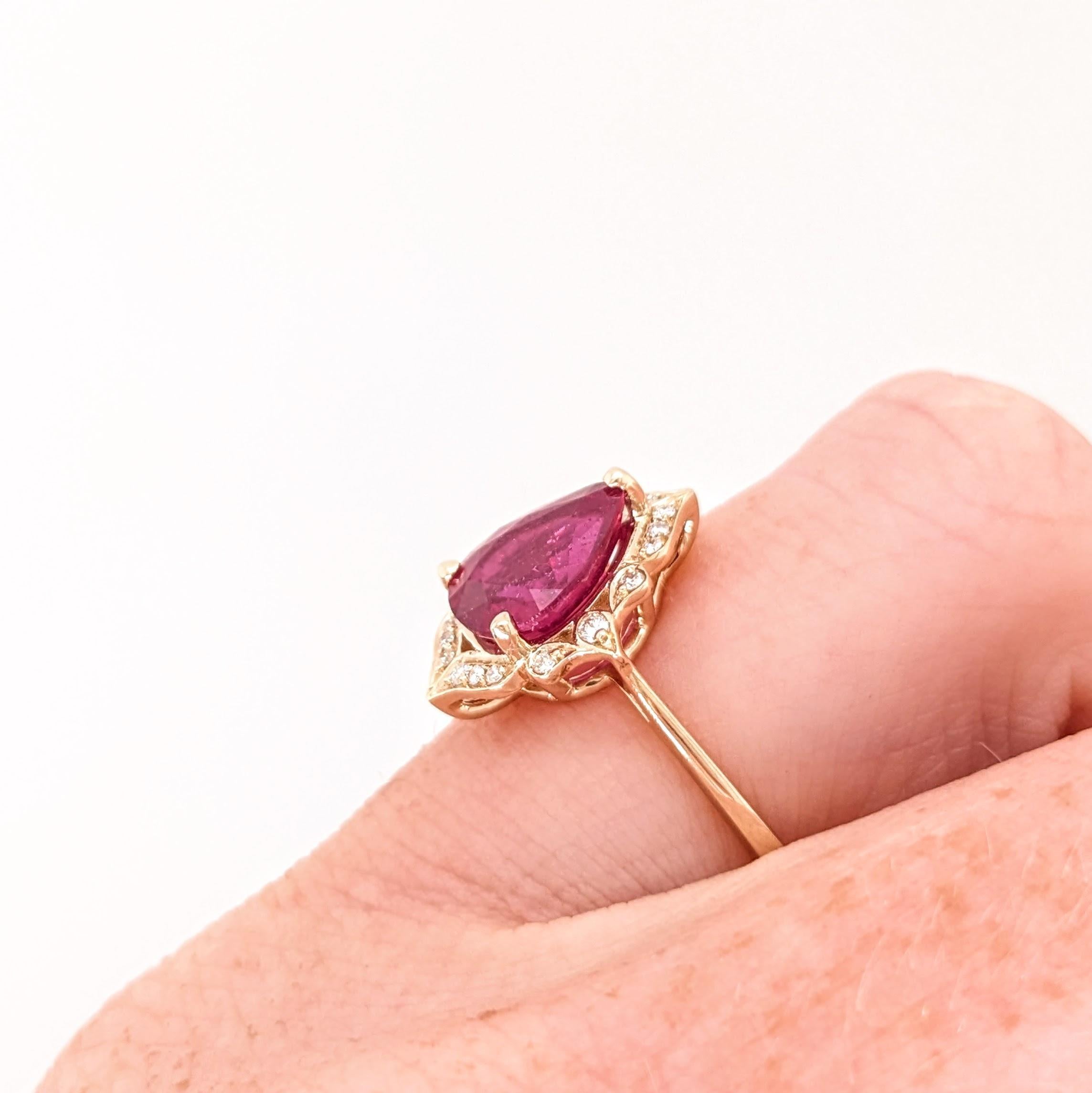 2.1ct Red Ruby Ring w Earth Mined Diamonds in Solid 14k Gold | Pear Shape 9x7mm