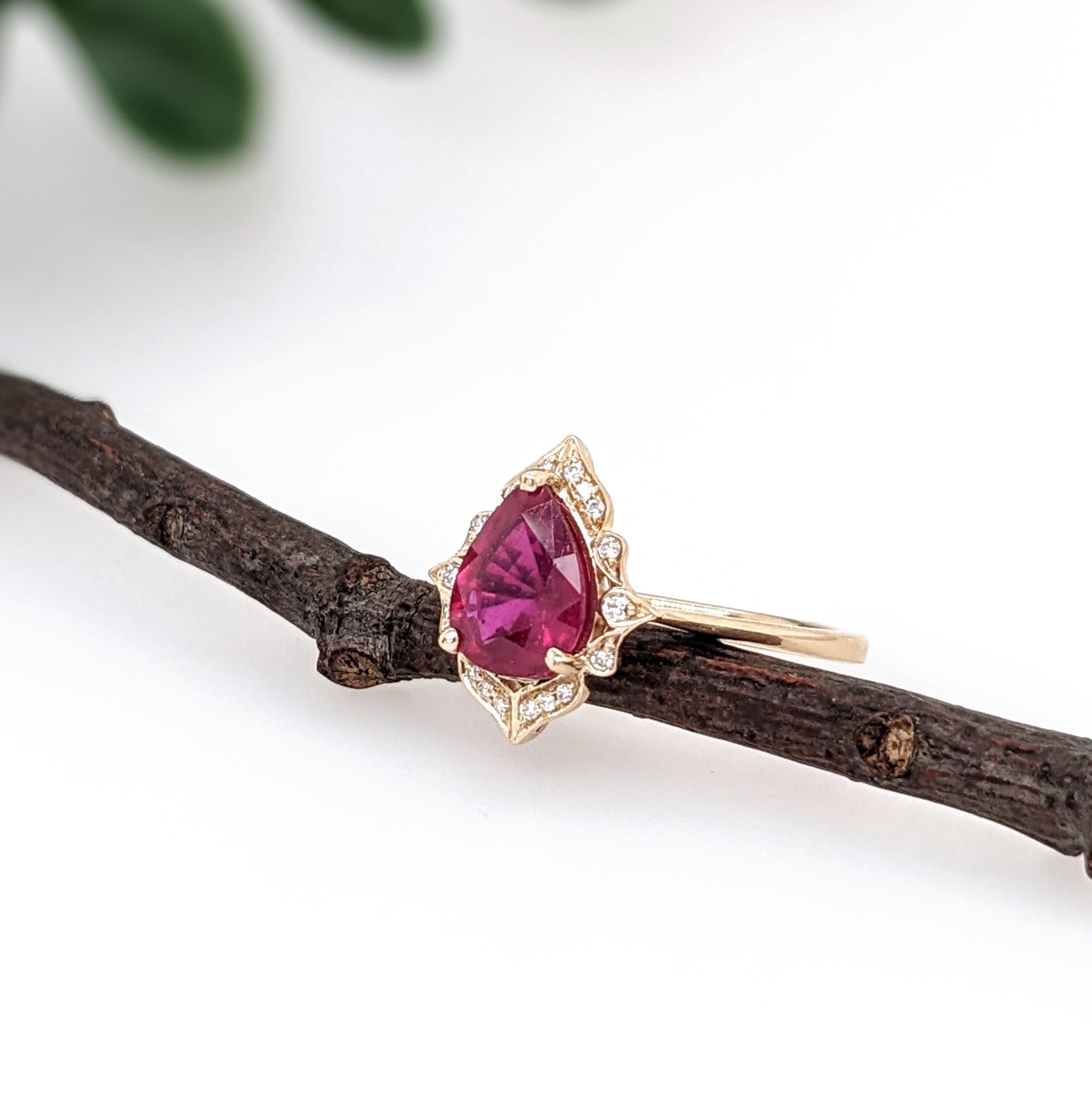 2.1ct Red Ruby Ring w Earth Mined Diamonds in Solid 14k Gold | Pear Shape 9x7mm