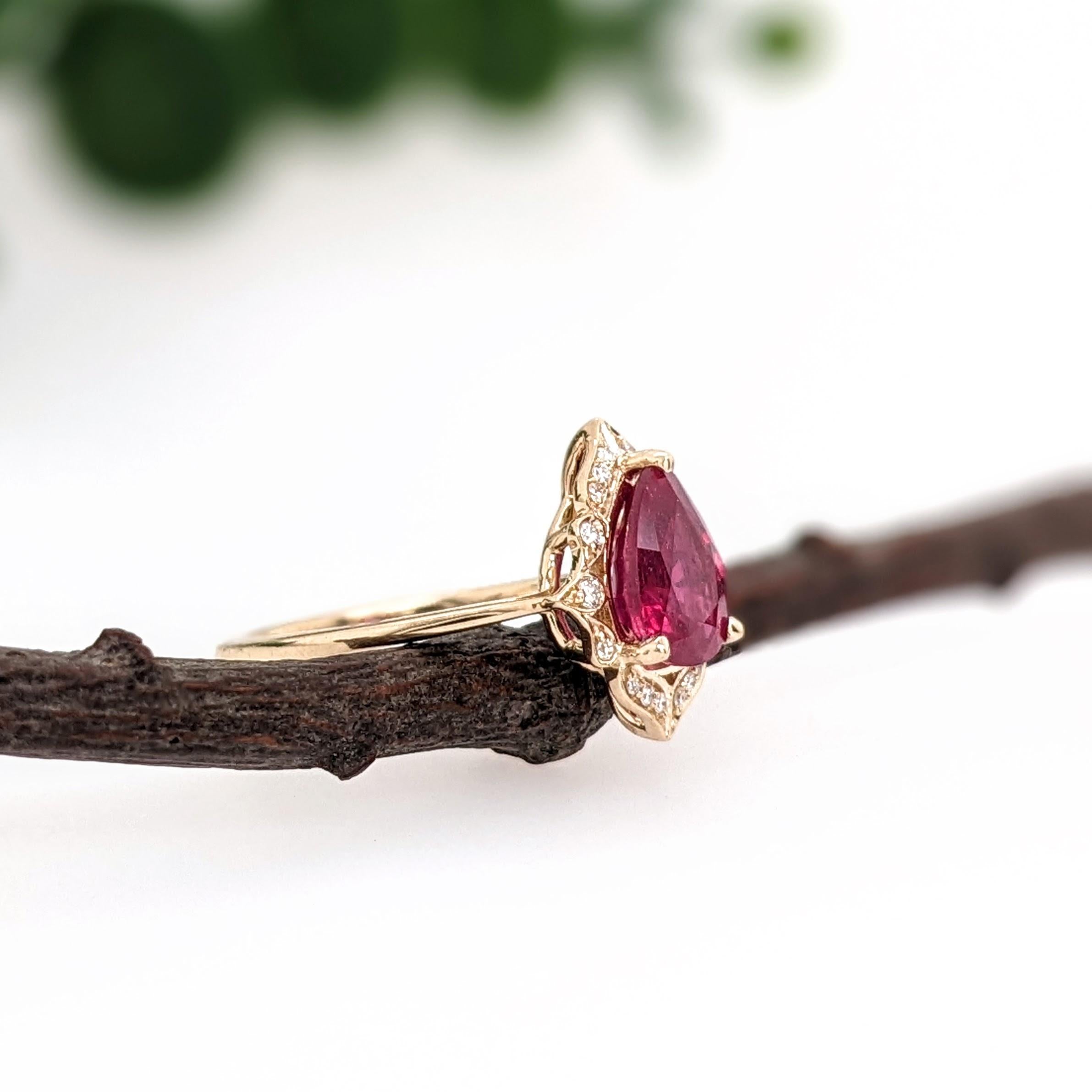 2.1ct Red Ruby Ring w Earth Mined Diamonds in Solid 14k Gold | Pear Shape 9x7mm