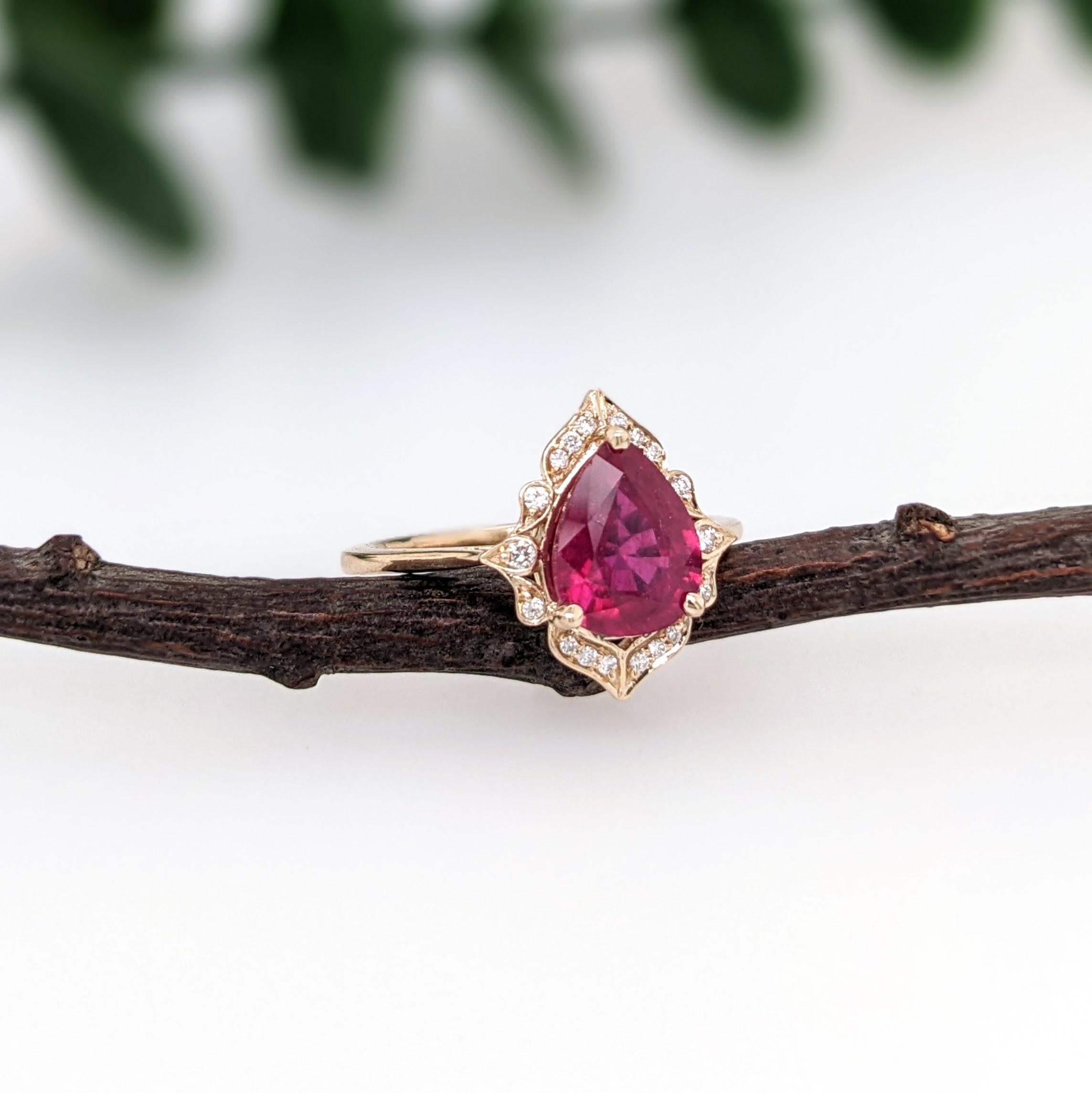 2.1ct Red Ruby Ring w Earth Mined Diamonds in Solid 14k Gold | Pear Shape 9x7mm