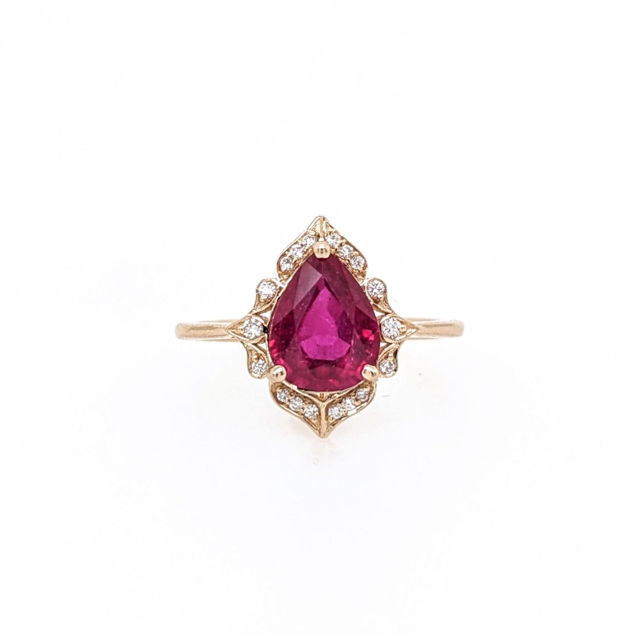 2.1ct Red Ruby Ring w Earth Mined Diamonds in Solid 14k Yellow Gold | Pear 9x7mm