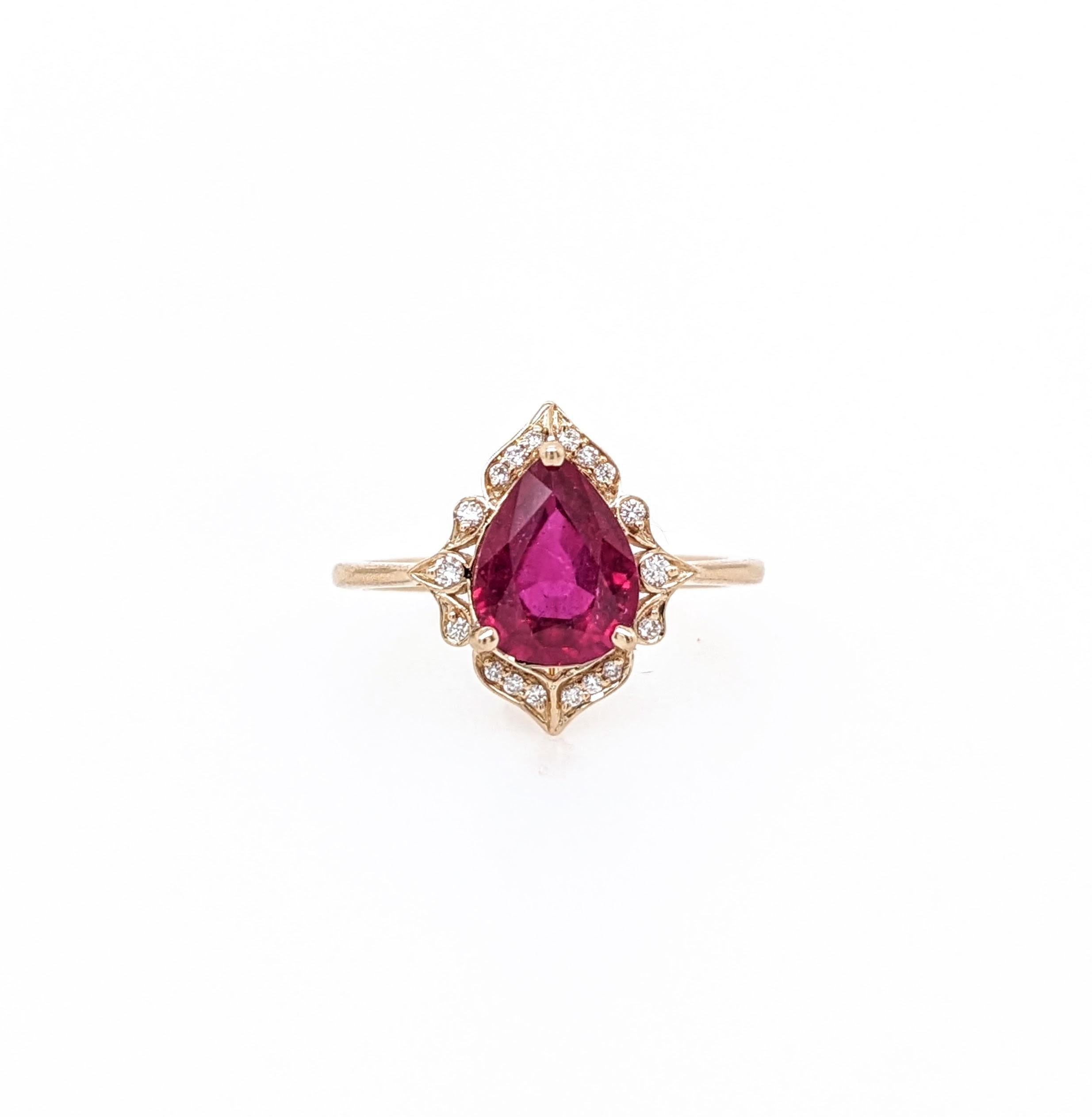 2.1ct Red Ruby Ring w Earth Mined Diamonds in Solid 14k Gold | Pear Shape 9x7mm