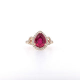 3.1ct Red Ruby Ring w Earth Mined Diamonds in Solid 14K Gold | Pear Shape 10x8mm