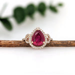 3.1ct Red Ruby Ring w Earth Mined Diamonds in Solid 14K Gold | Pear Shape 10x8mm