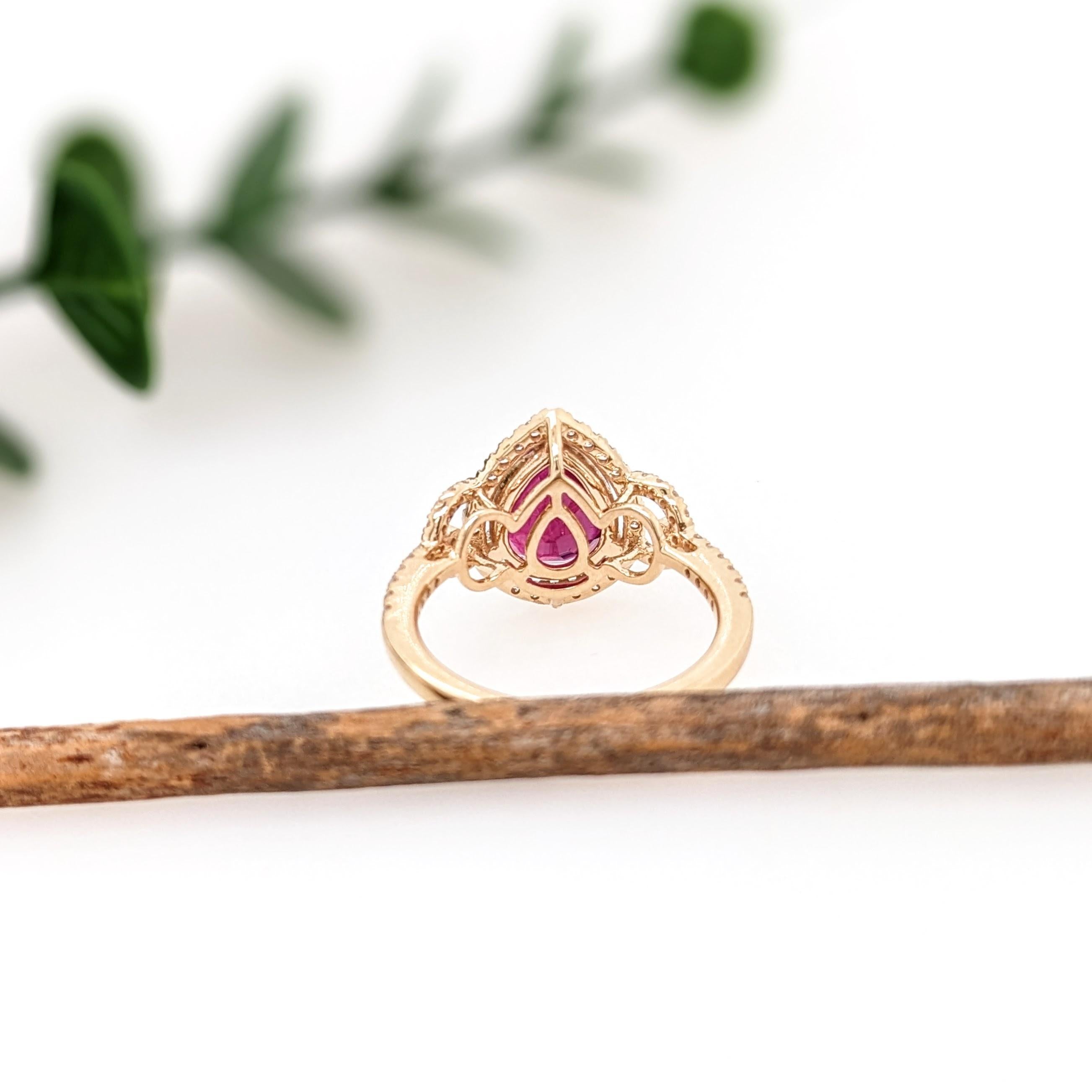 3.1ct Red Ruby Ring w Earth Mined Diamonds in Solid 14K Gold | Pear Shape 10x8mm