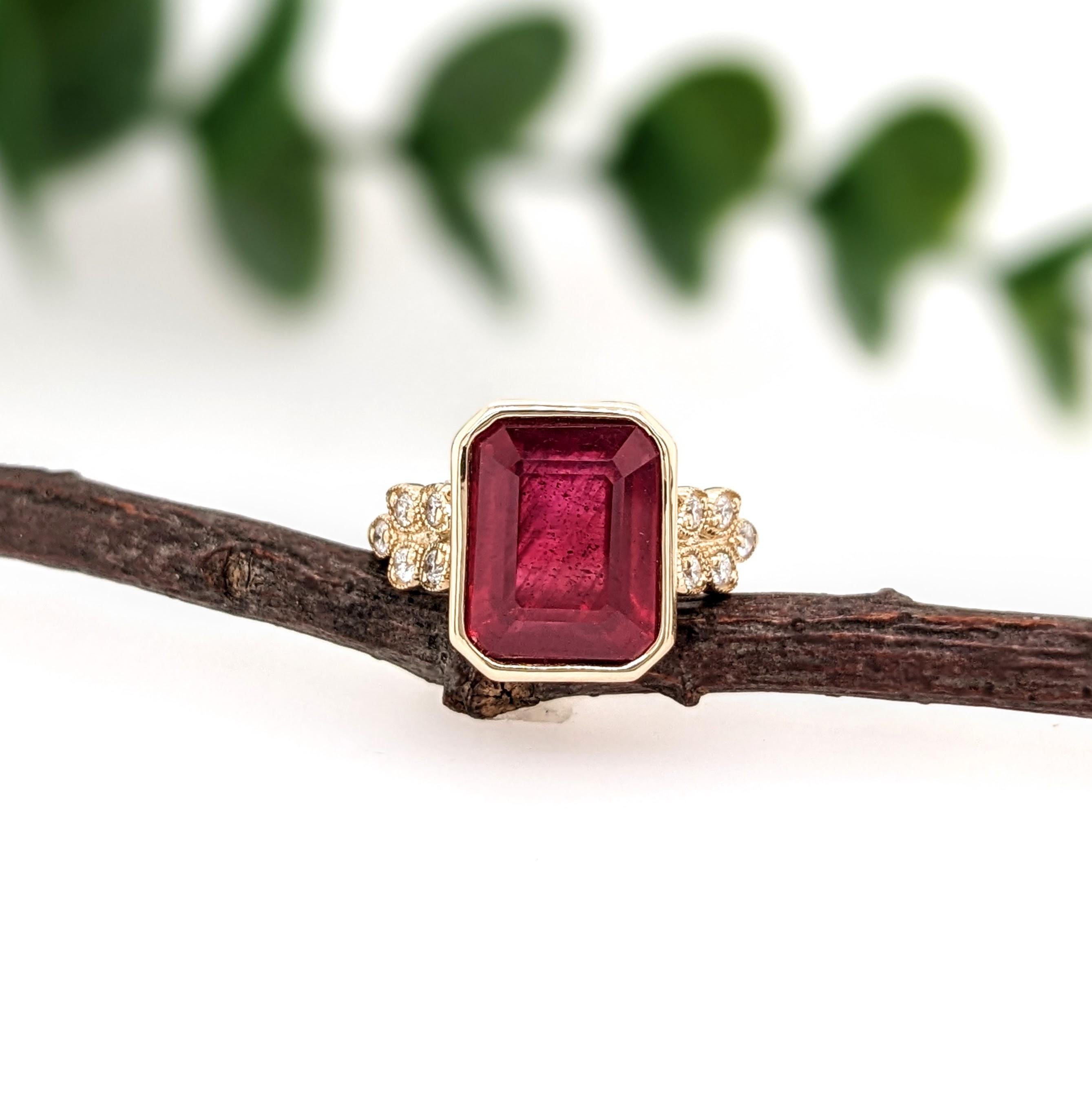 5.5ct Red Ruby Ring w Earth Mined Diamonds in Solid 14K Yellow Gold | EM 10x8mm