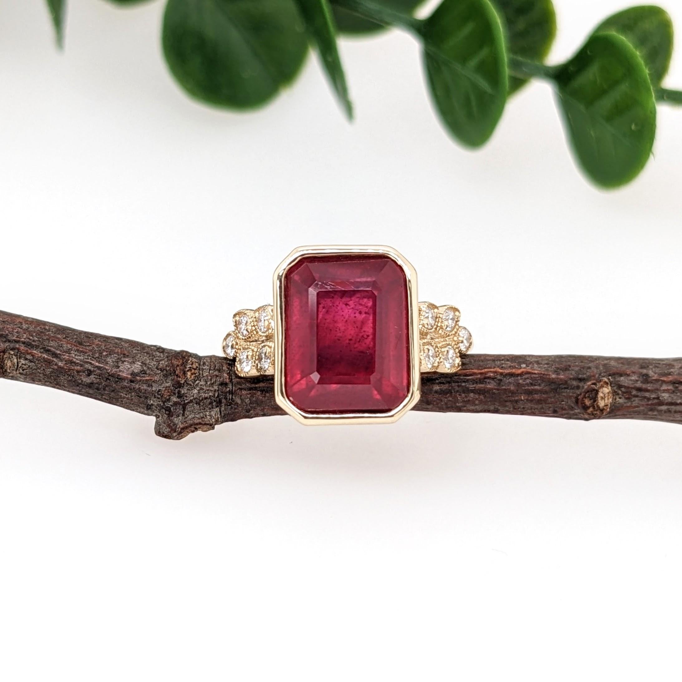 5.5ct Red Ruby Ring w Earth Mined Diamonds in Solid 14K Yellow Gold | EM 10x8mm