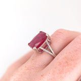 9.3ct Red Ruby Solitaire Ring in Solid 14K White Gold | Cushion Cut 14x10mm