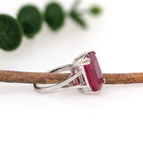 9.3ct Red Ruby Solitaire Ring in Solid 14K White Gold | Cushion Cut 14x10mm