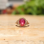 5ct Star Ruby Ring w Earth Mined Diamonds in Solid 14K Yellow Gold | Oval 11x8mm