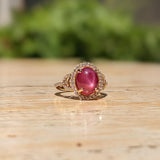 5ct Star Ruby Ring w Earth Mined Diamonds in Solid 14K Yellow Gold | Oval 11x8mm