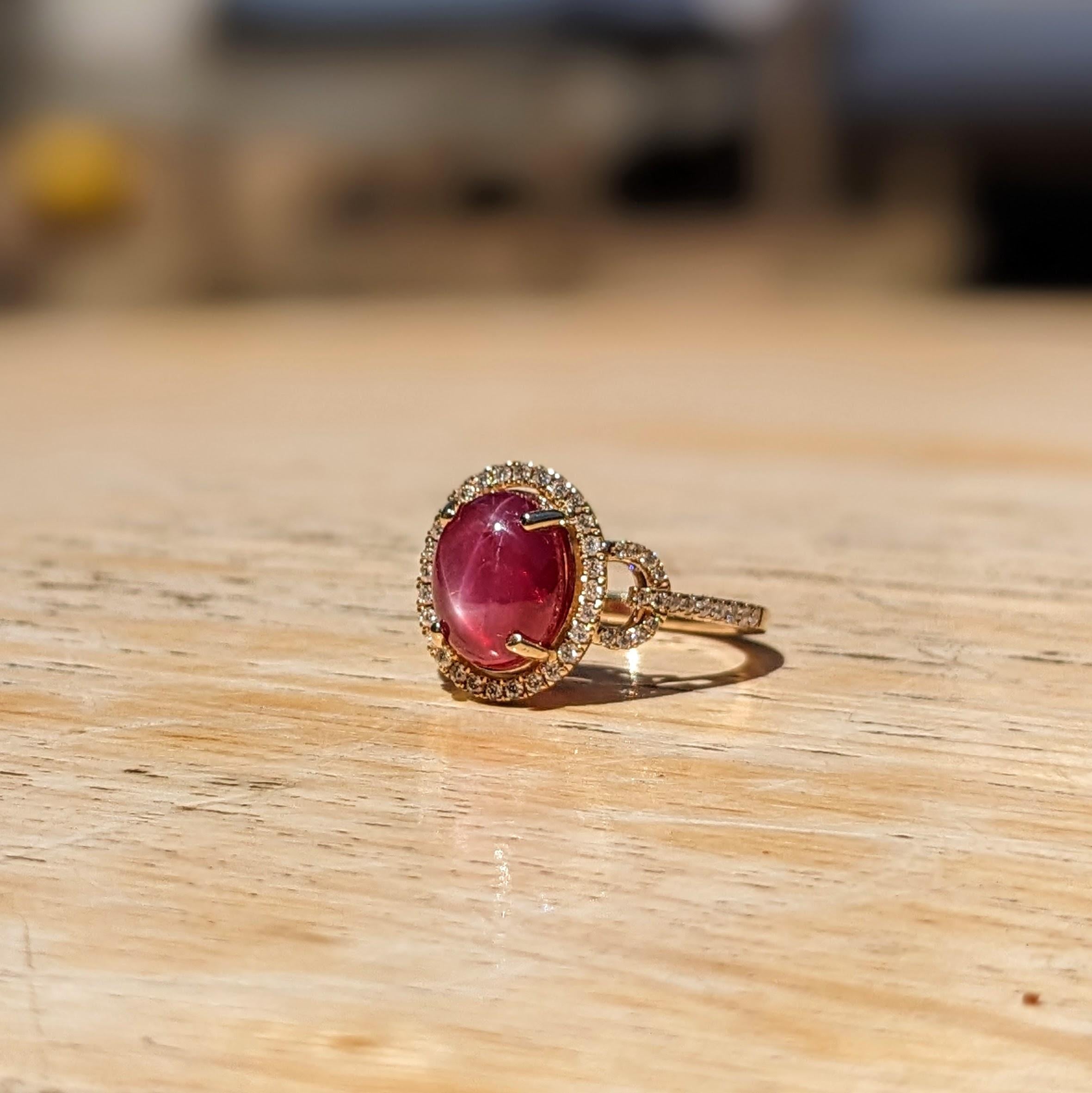 5ct Star Ruby Ring w Earth Mined Diamonds in Solid 14K Yellow Gold | Oval 11x8mm